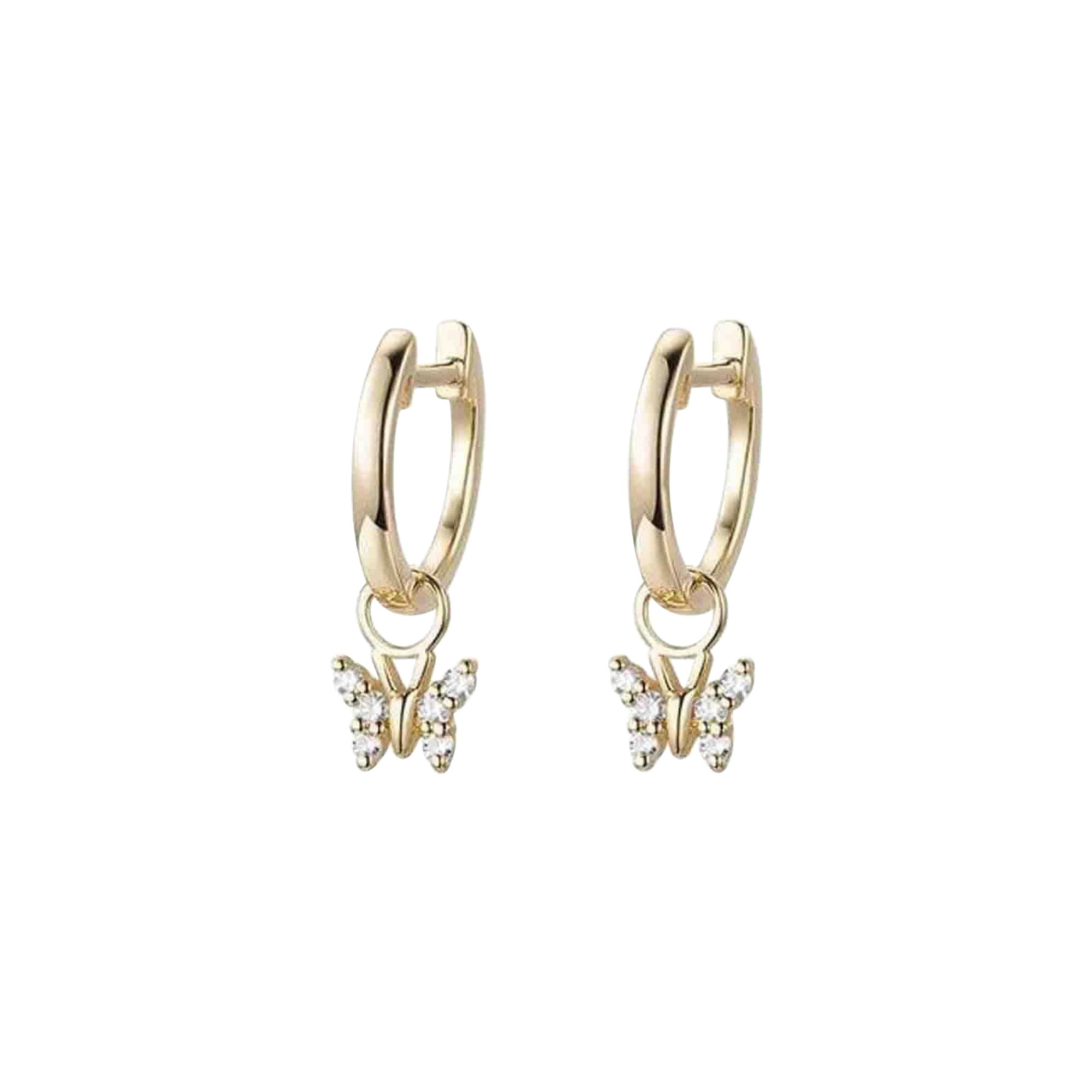 Boucles d
oreilles en or 14 carats (ou 18 carats sur demande) avec diamants et breloques en forme de papillon en vente