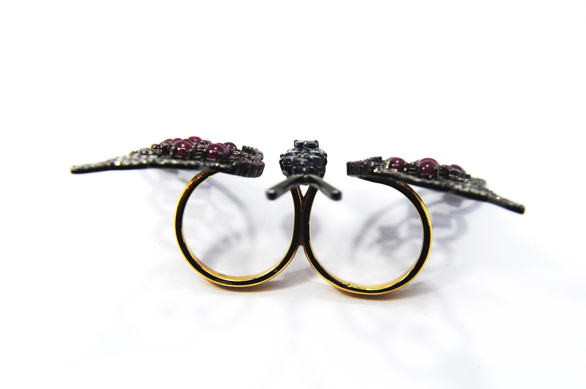 Romantic Butterfly Cocktail Ring 18 Karat Gold, Silver, Diamonds, Ruby, Sapphire For Sale
