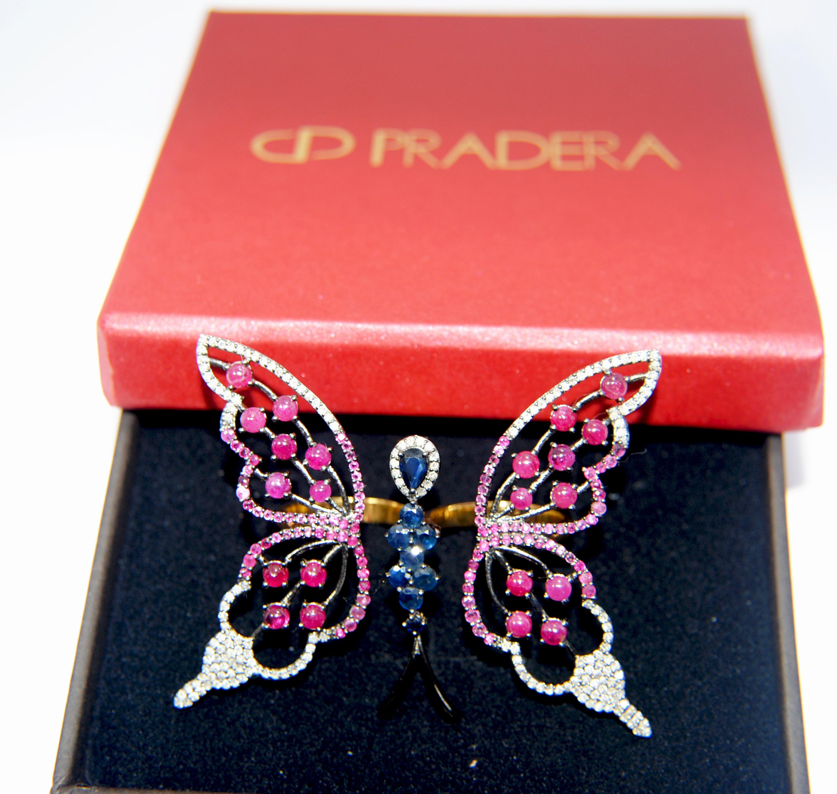 Butterfly Cocktail Ring 18 Karat Gold, Silver, Diamonds, Ruby, Sapphire In New Condition For Sale In Bilbao, ES