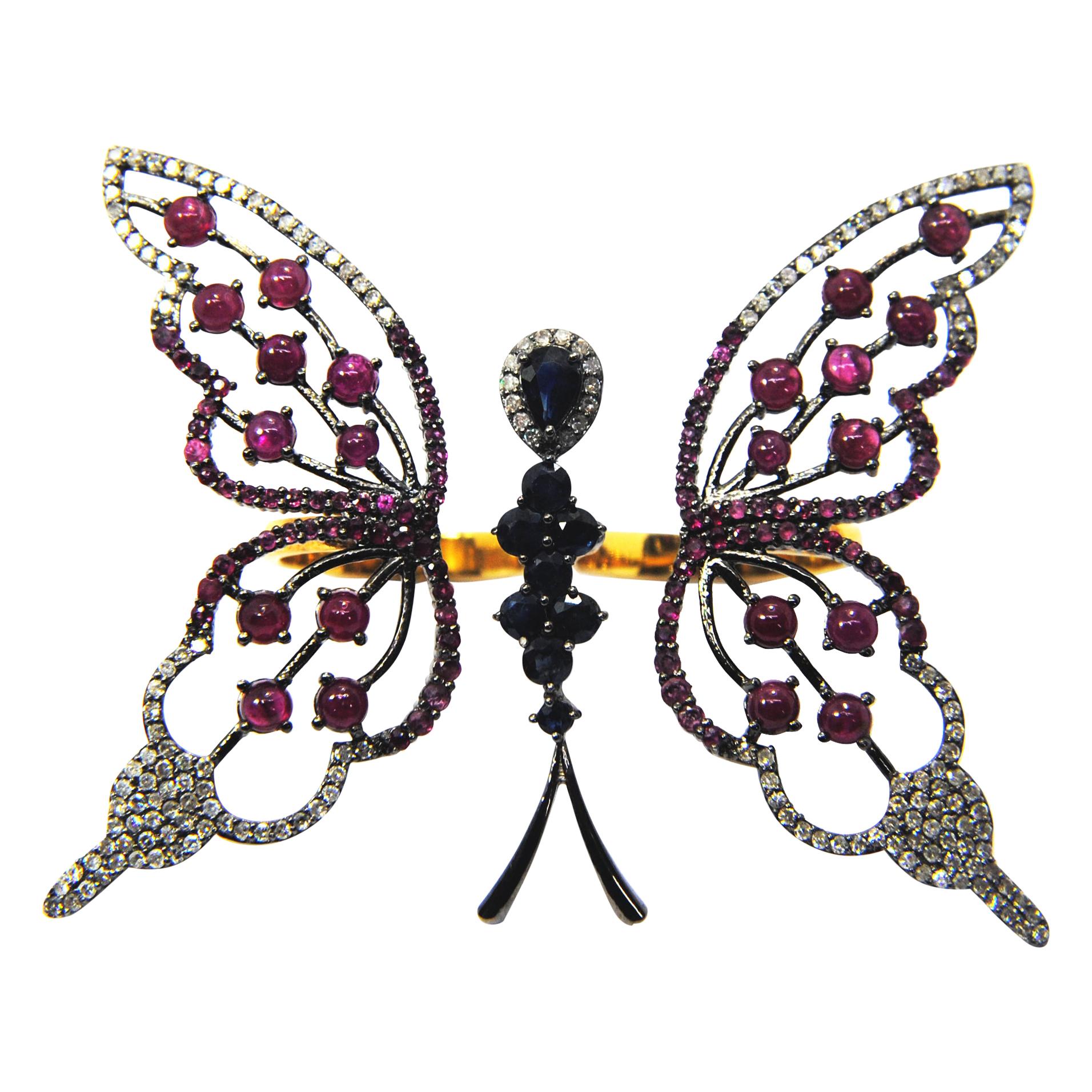 Butterfly Cocktail Ring 18 Karat Gold, Silver, Diamonds, Ruby, Sapphire For Sale