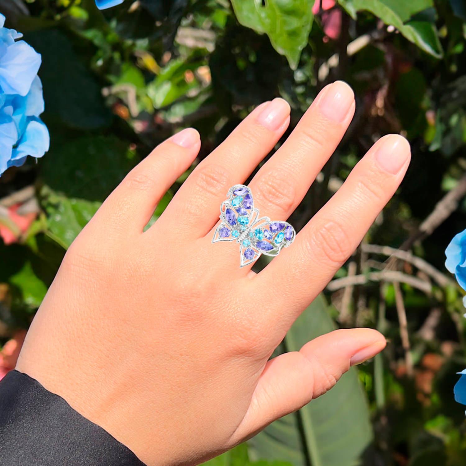 Mixed Cut Butterfly Cocktail Ring Tanzanite and Swiss Blue Topaz 3.65 Carats For Sale