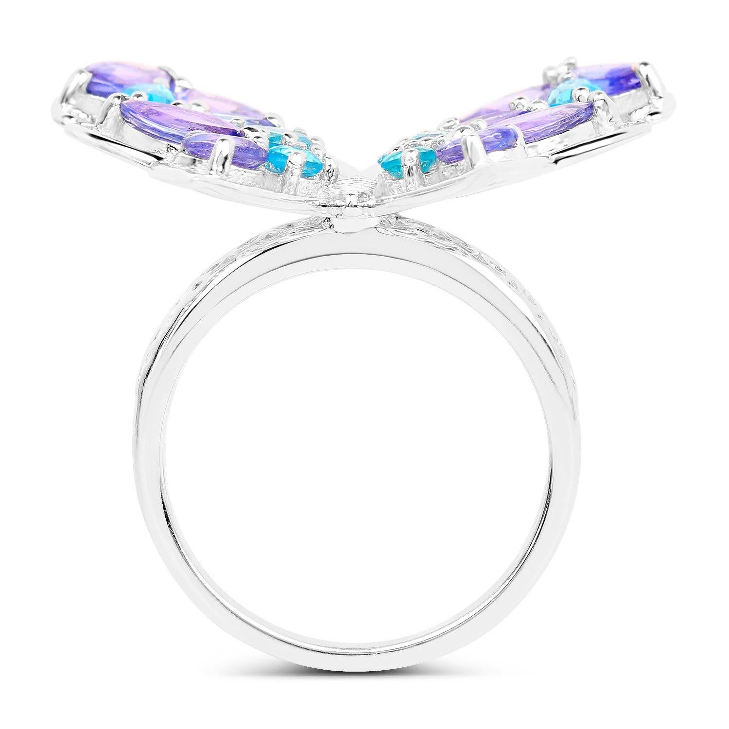Butterfly Cocktail Ring Tanzanite and Swiss Blue Topaz 3.65 Carats In Excellent Condition For Sale In Aliso Viejo, CA