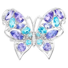 Butterfly Cocktail Ring Tanzanite and Swiss Blue Topaz 3.65 Carats