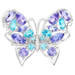 Butterfly Cocktail Ring Tanzanite and Swiss Blue Topaz 3.65 Carats