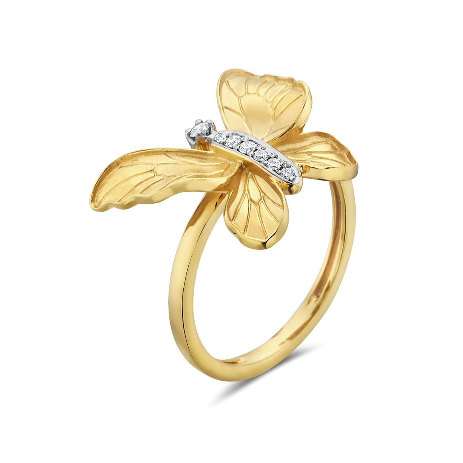 Schmetterlings-Cocktailring mit Diamanten aus 14 Karat Gelbgold (Kunsthandwerker*in) im Angebot
