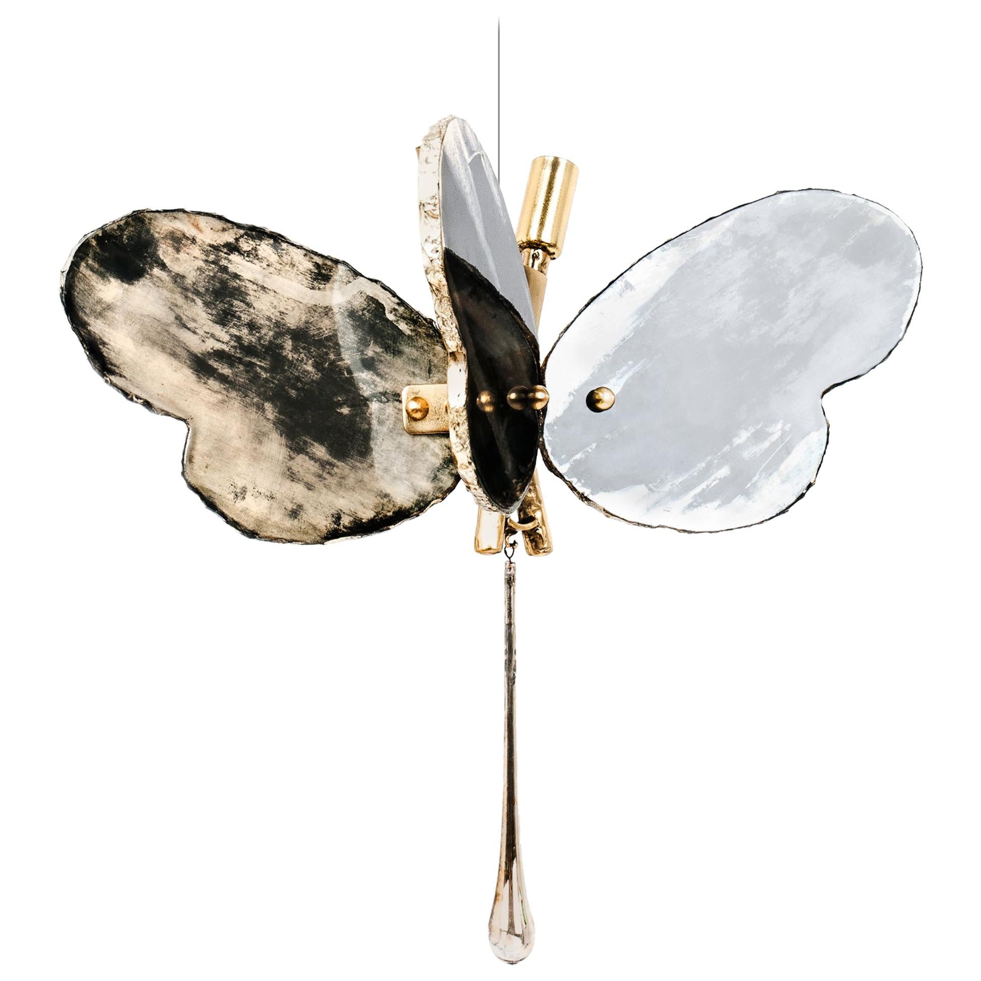 Butterfly Contemporary Lamp, Black Silvered Glass, Brass Body, Crystal Drop