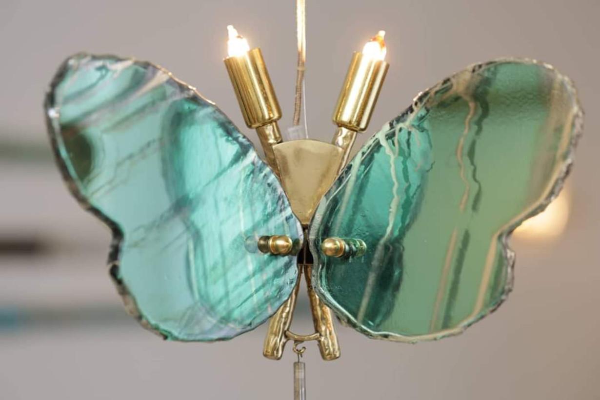 Modern Butterfly Contemporary Lamp, Jade Silvered Glass, Brass Body, Crystal Drop