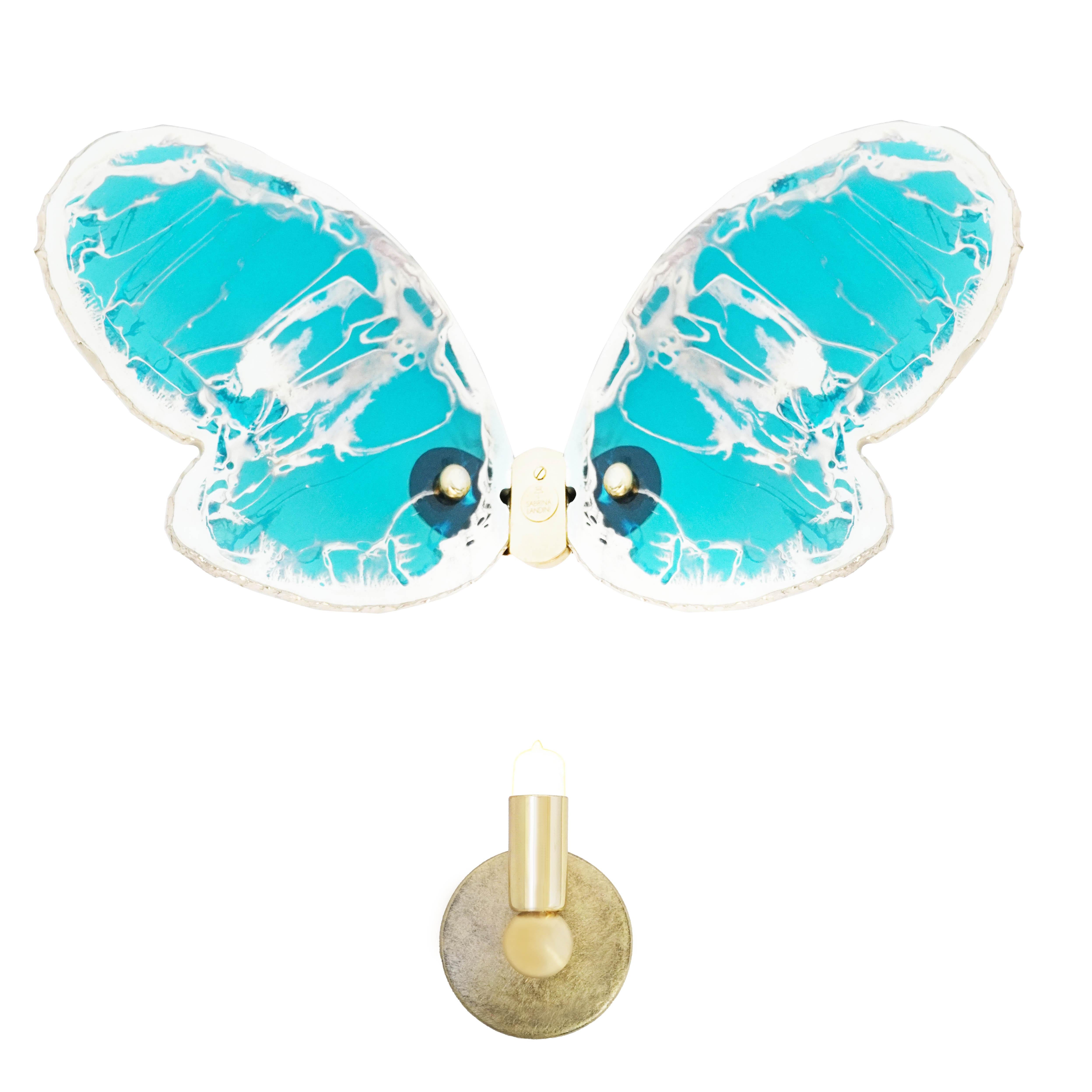 Butterfly Contemporary Wall Flight Sculpture, Art Silvered Glass Aquamarine  