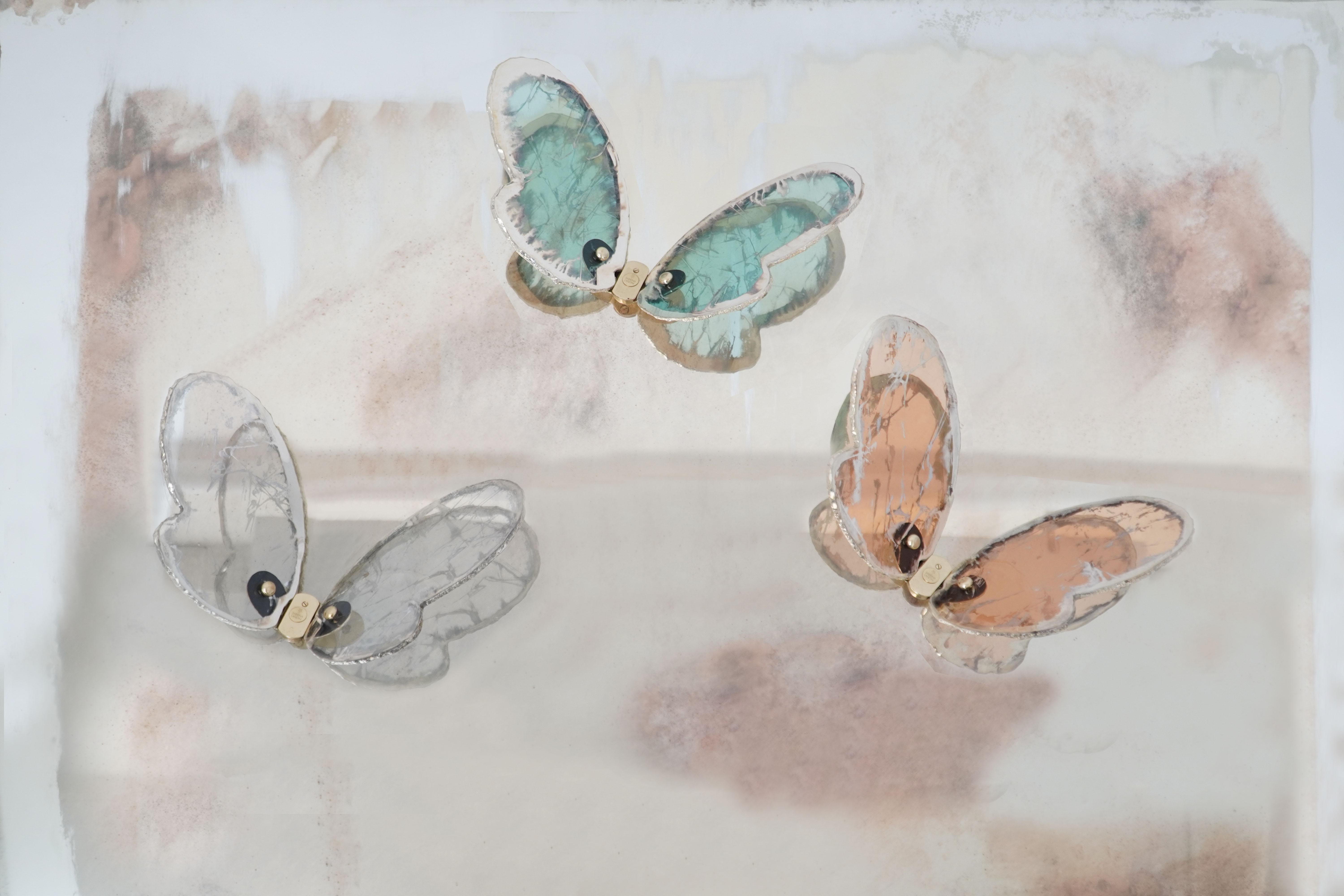 Brass Butterfly Contemporary Wall Flight Sculpture, Art Silvered Glass, rose color