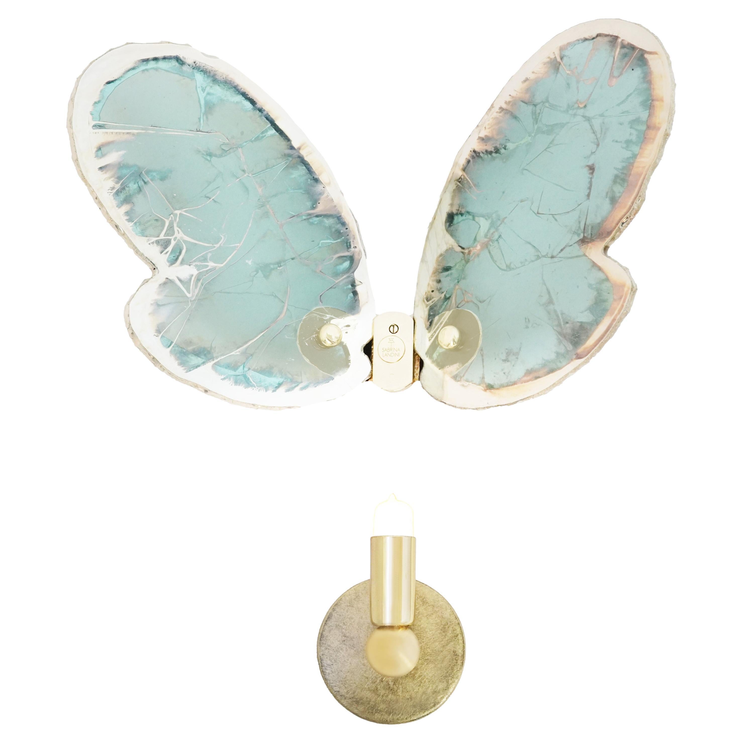 Butterfly Contemporary Wandleuchte Skulptur, Kunst versilbertes Glas, Jade Farbe im Angebot