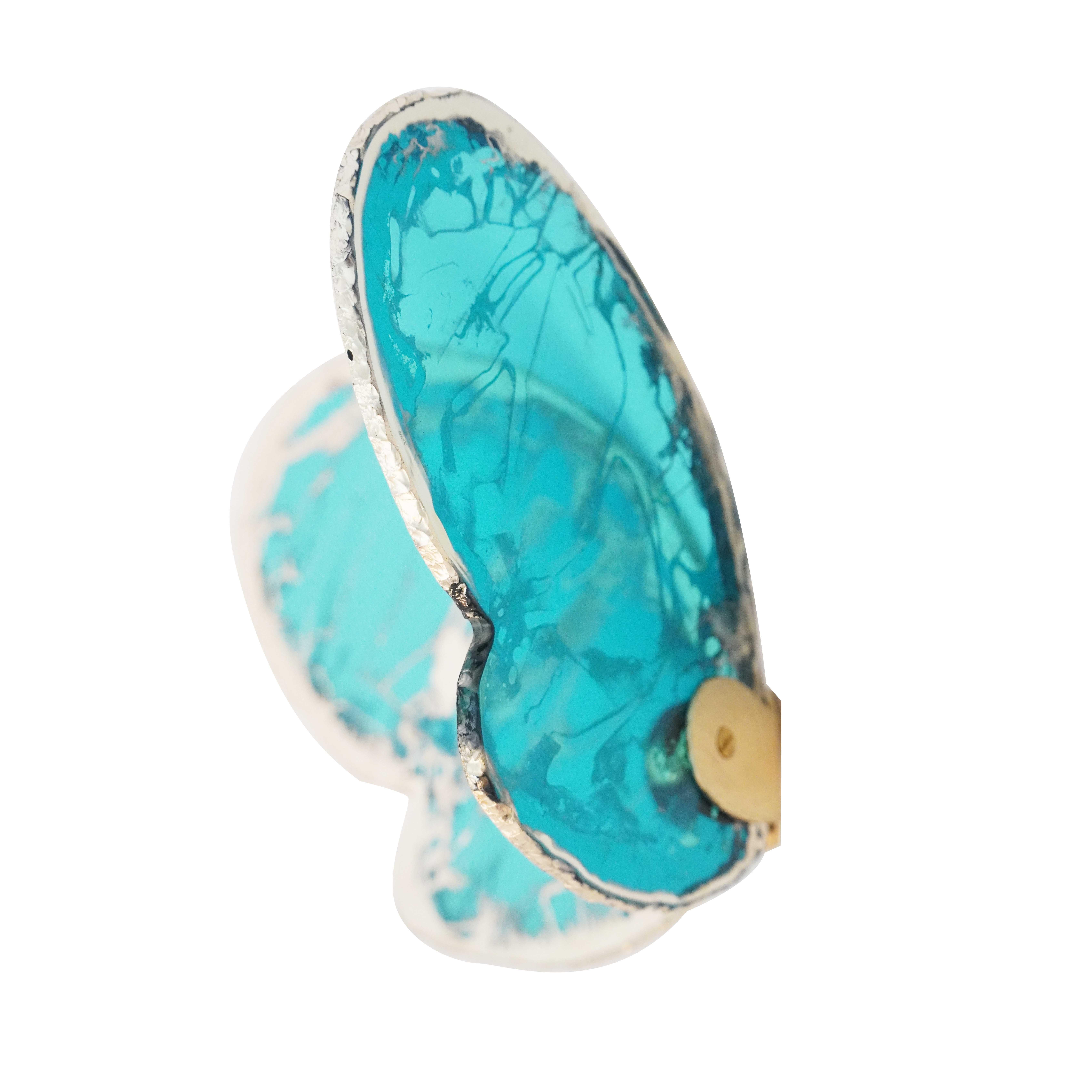 Modern Butterfly Contemporary Wall Sculpture, Art Silvered Glass Aquamarine For Sale
