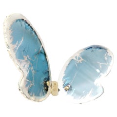 Mariposa Escultura de Pared Contemporánea, Arte Vidrio Plateado Azul