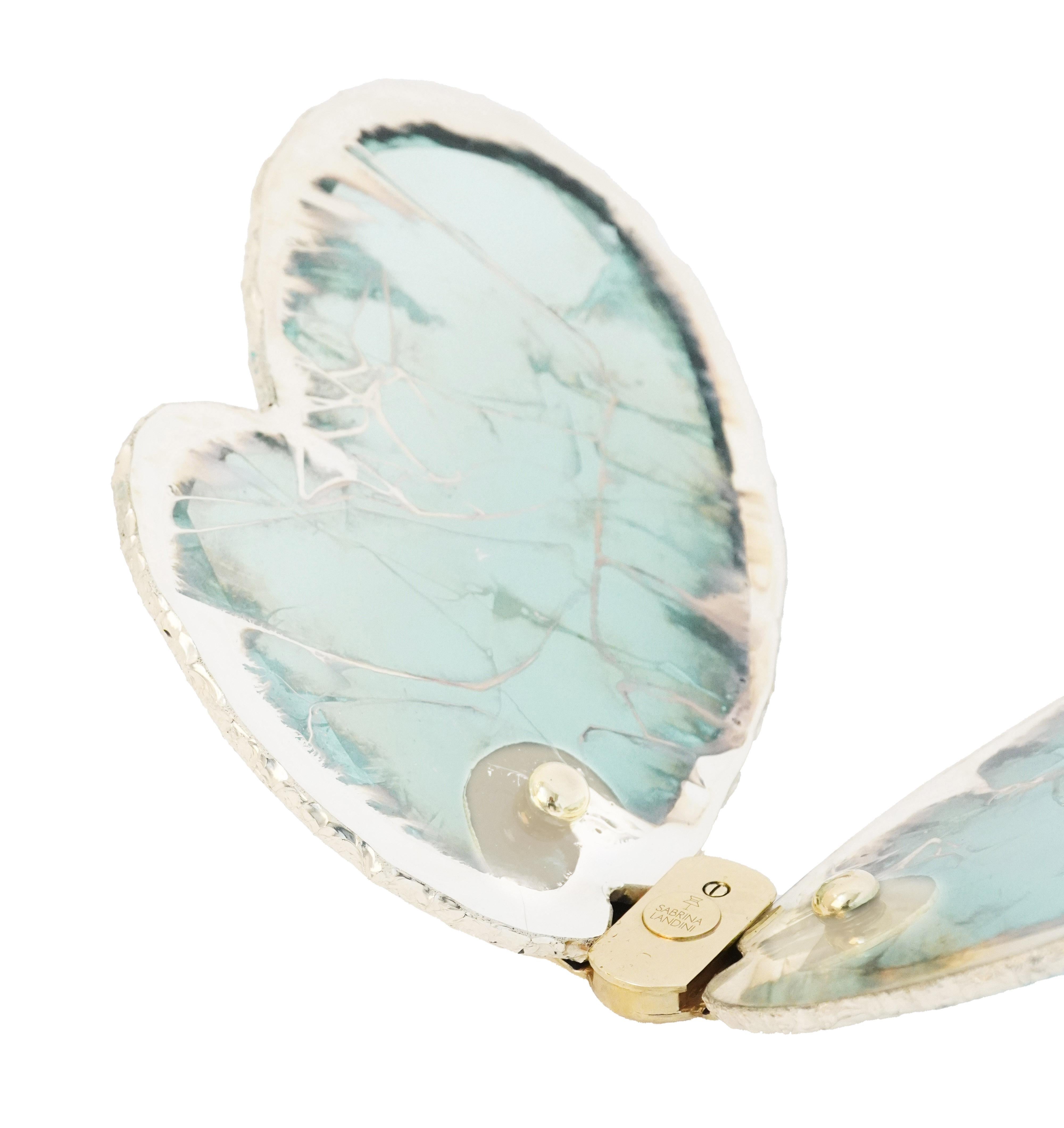 Schmetterling Zeitgenössische Wandskulptur, Kunst versilbertes Glas, Farbe Jade (Italienisch) im Angebot