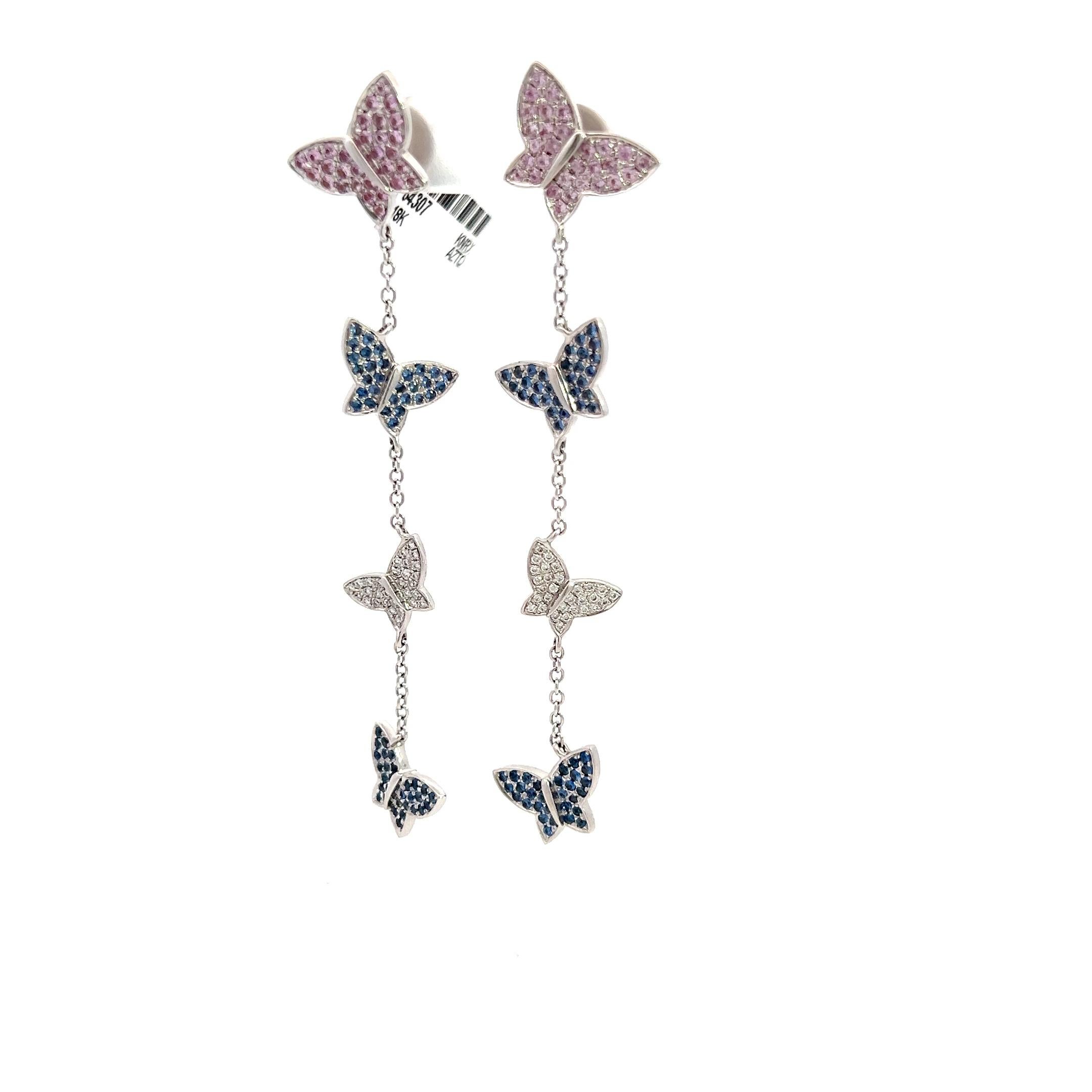 Round Cut Butterfly Dangle Sapphire Diamond Earrings 18K White Gold For Sale