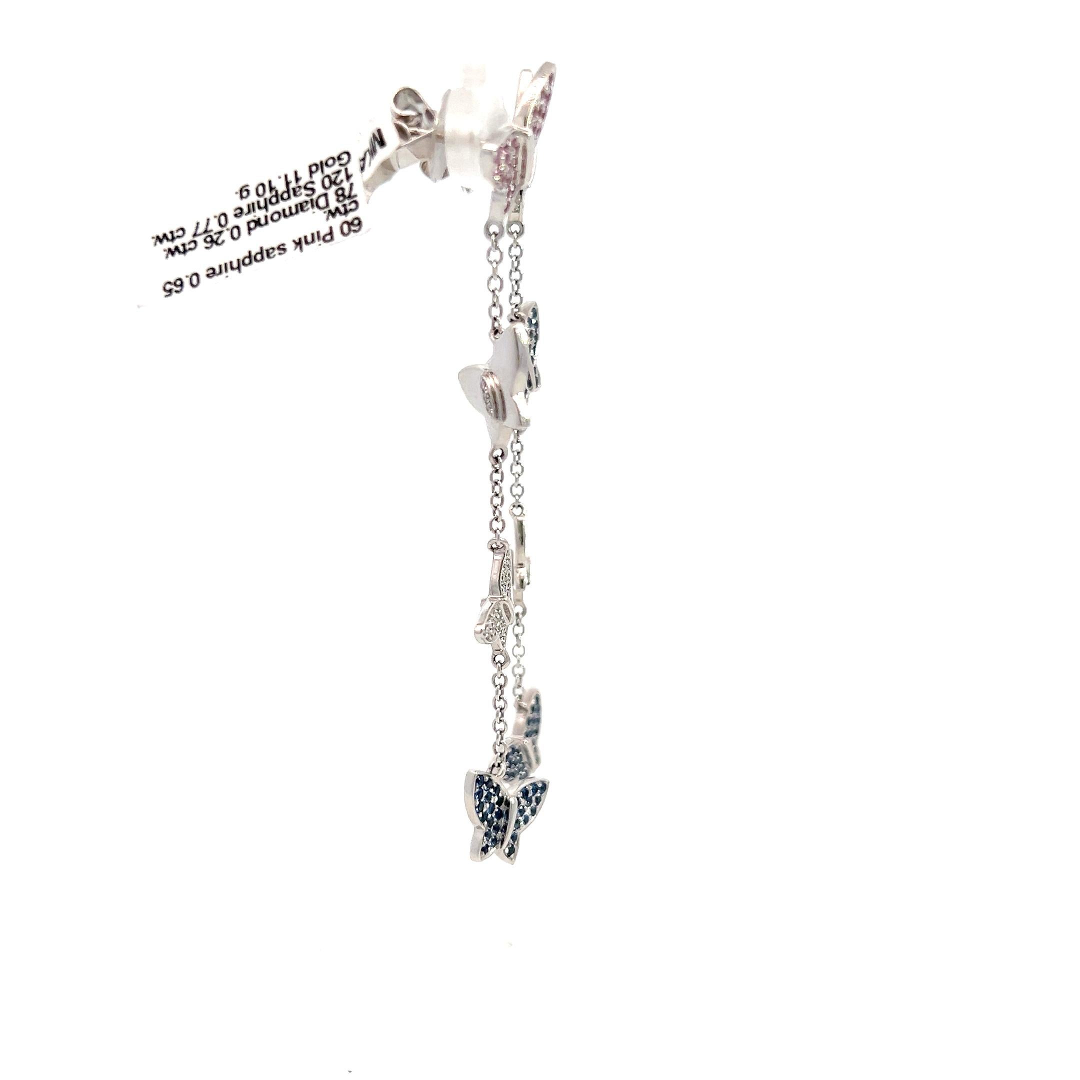Women's Butterfly Dangle Sapphire Diamond Earrings 18K White Gold For Sale