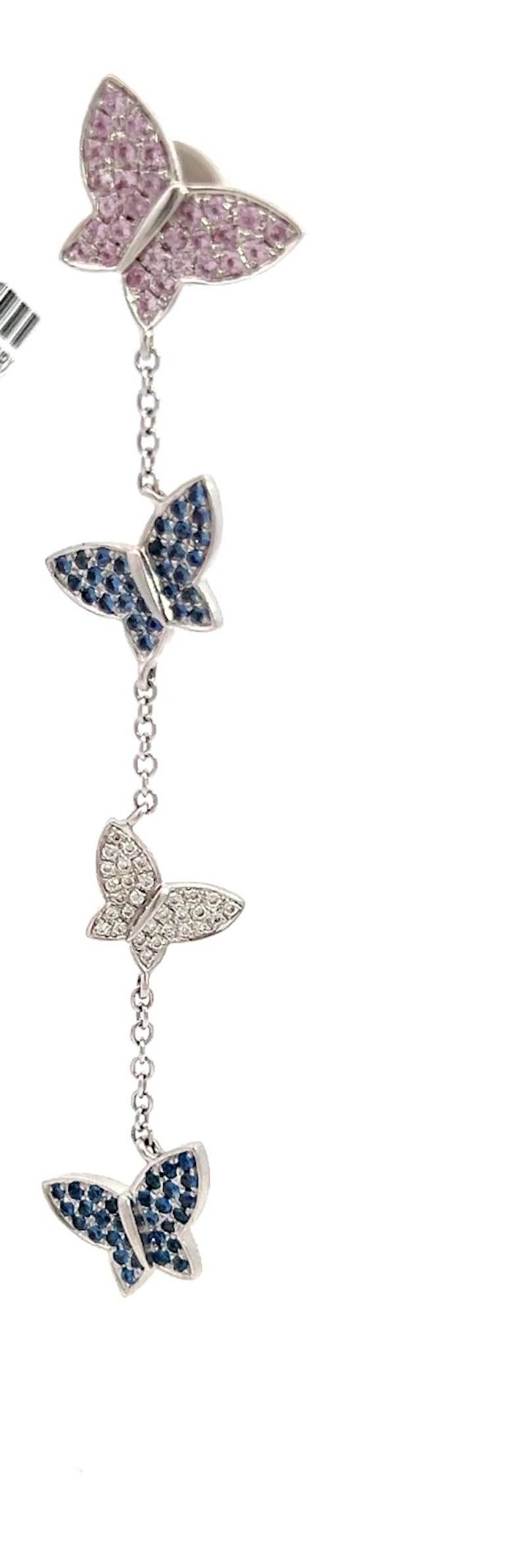 Butterfly Dangle Sapphire Diamond Earrings 18K White Gold For Sale 1