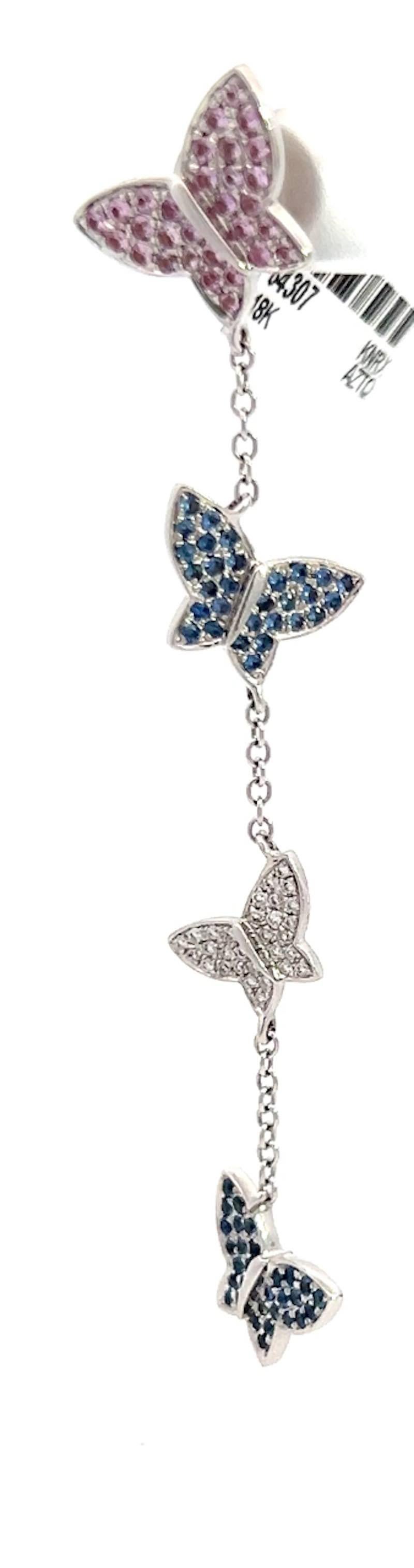 Butterfly Dangle Sapphire Diamond Earrings 18K White Gold For Sale 2