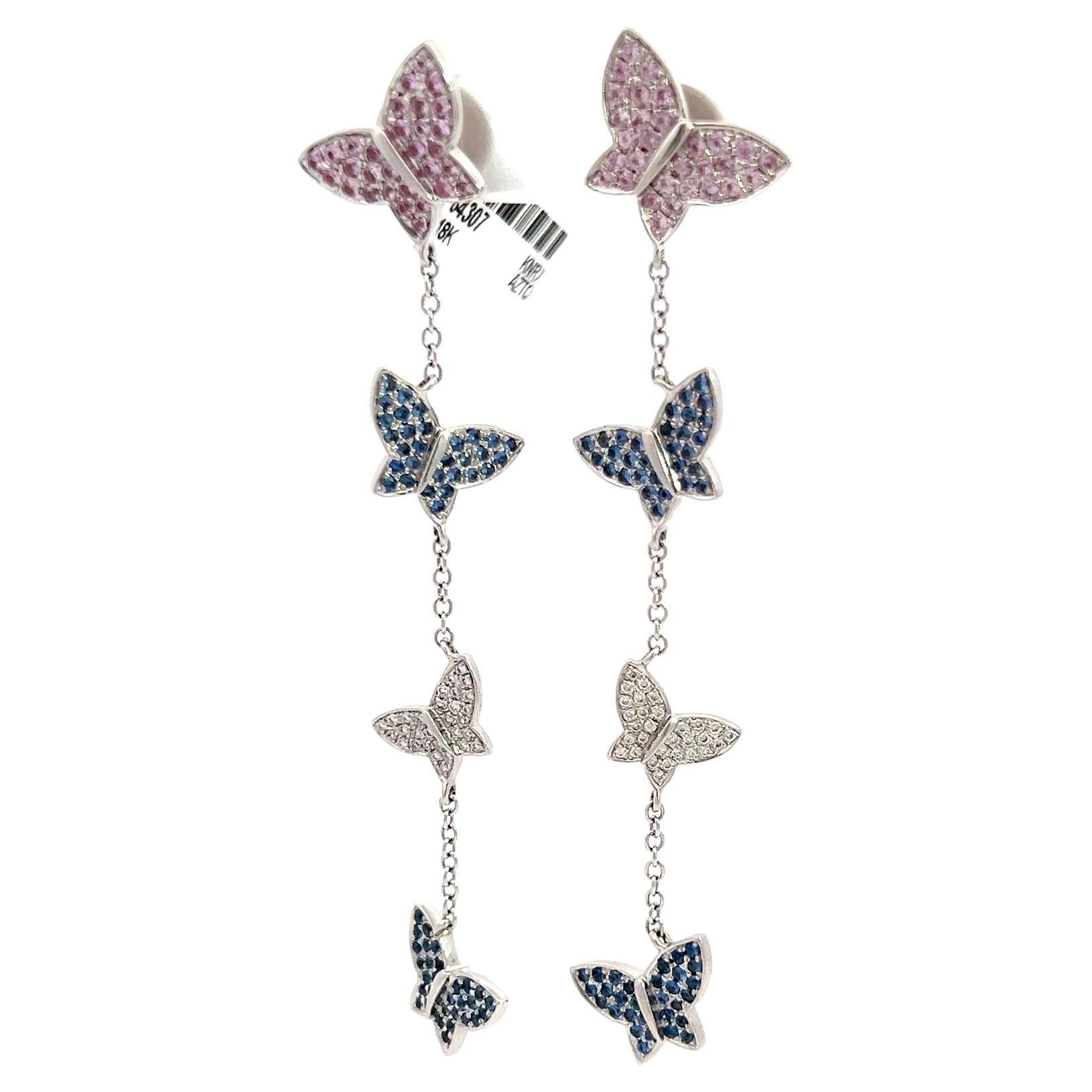 Butterfly Dangle Sapphire Diamond Earrings 18K White Gold
