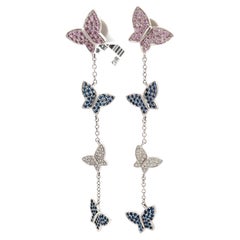 Butterfly Dangle Sapphire Diamond Earrings 18K White Gold