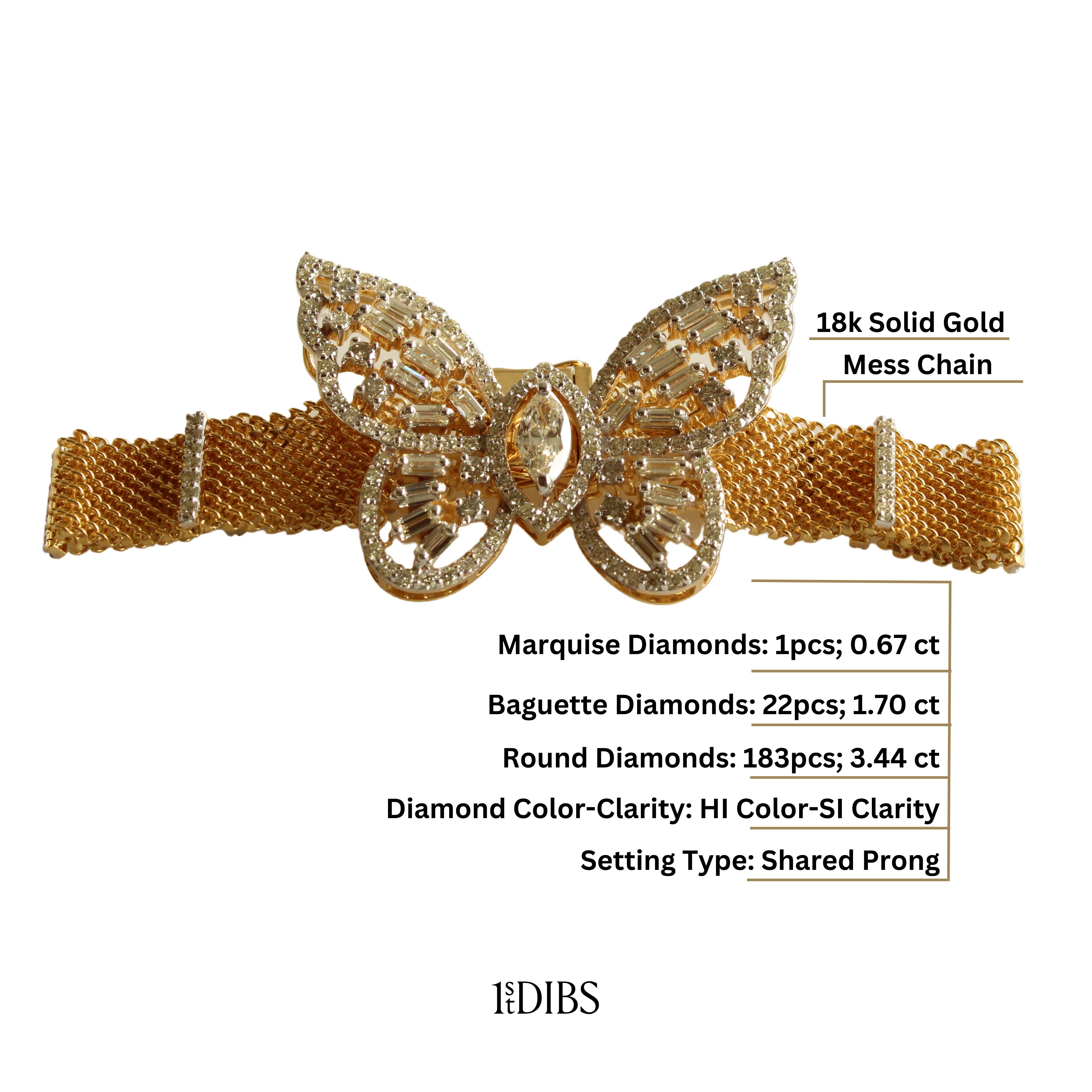 Butterfly Design Marquise & Baguette Diamond Bracelet in 18K Solid Gold For Sale 7