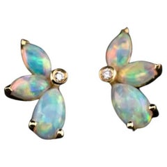 Butterfly Design Solid Opal Diamond Stud Earrings 18K Yellow Gold