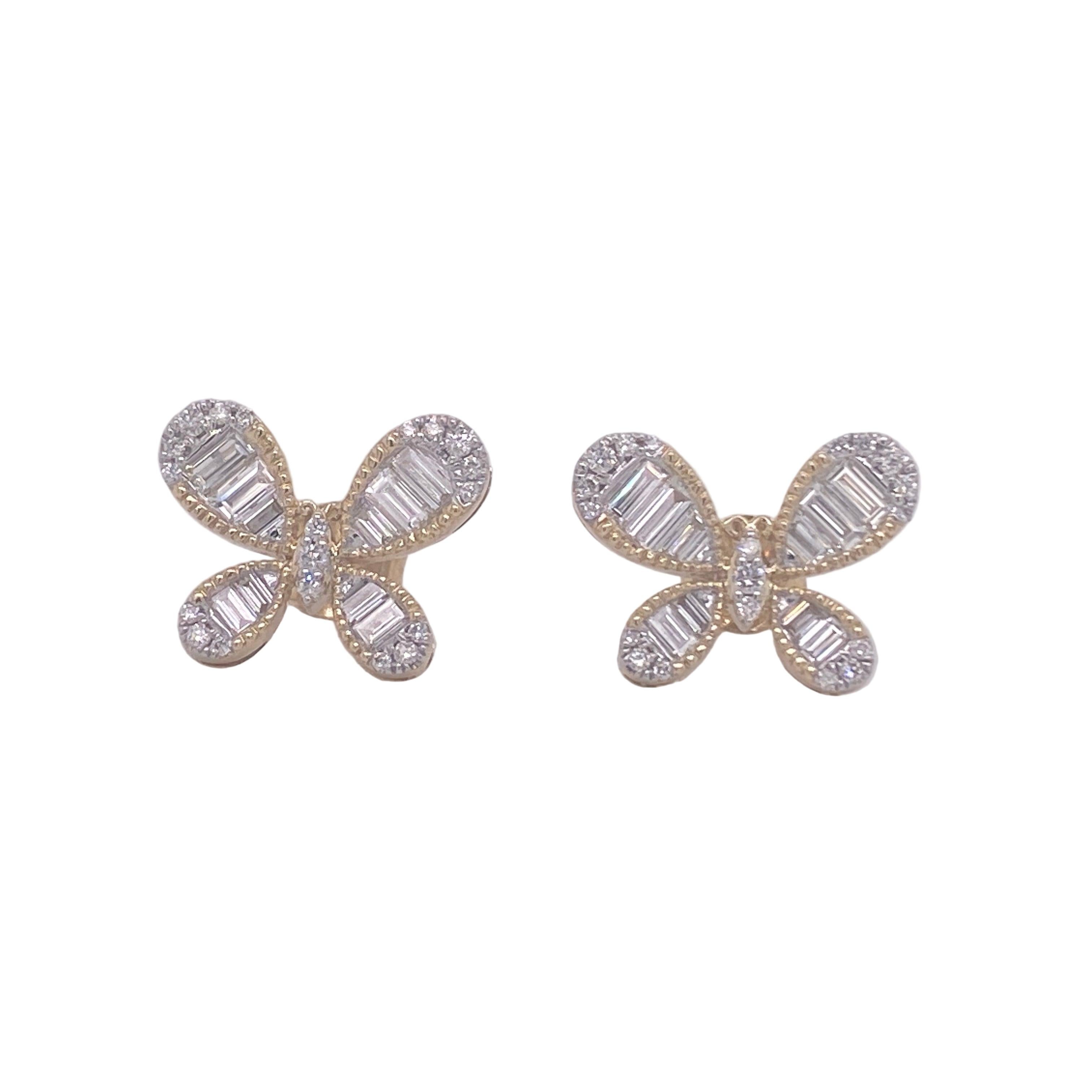 Contemporain Butterfly Baguettes diagonales Clous d'oreilles diamantés Bold Flutter Sparkle 14K Yellow Gold en vente