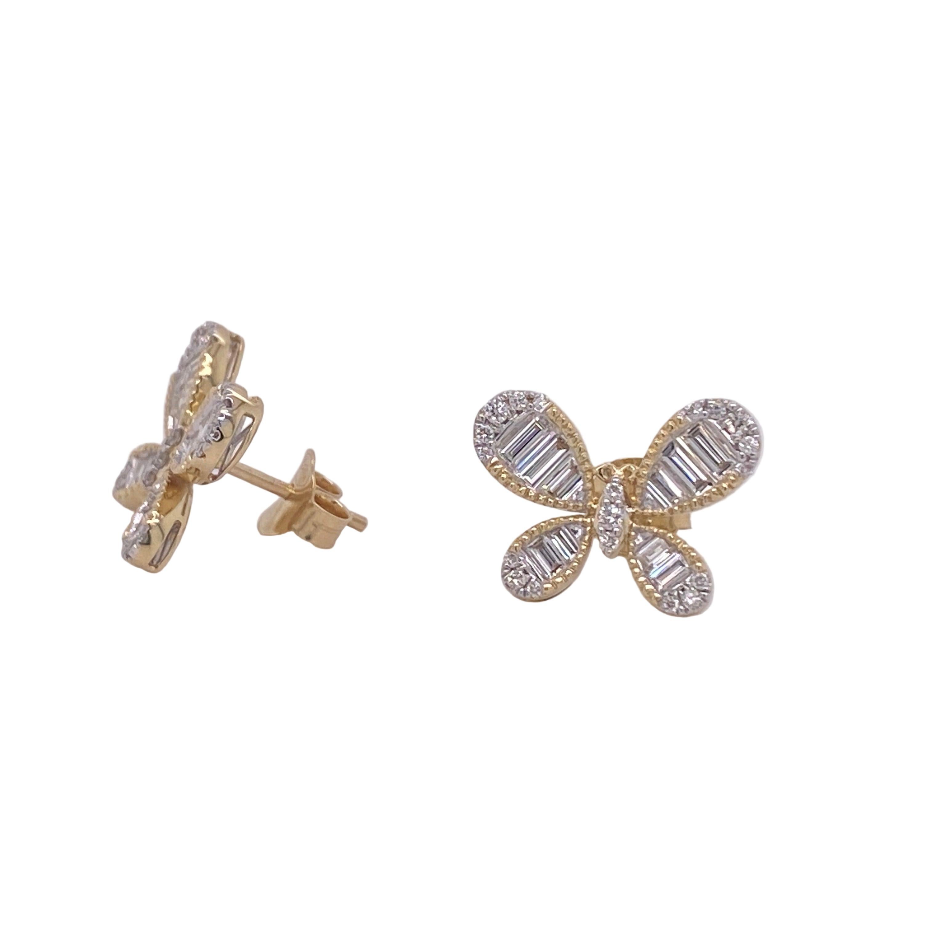 Taille baguette Butterfly Baguettes diagonales Clous d'oreilles diamantés Bold Flutter Sparkle 14K Yellow Gold en vente