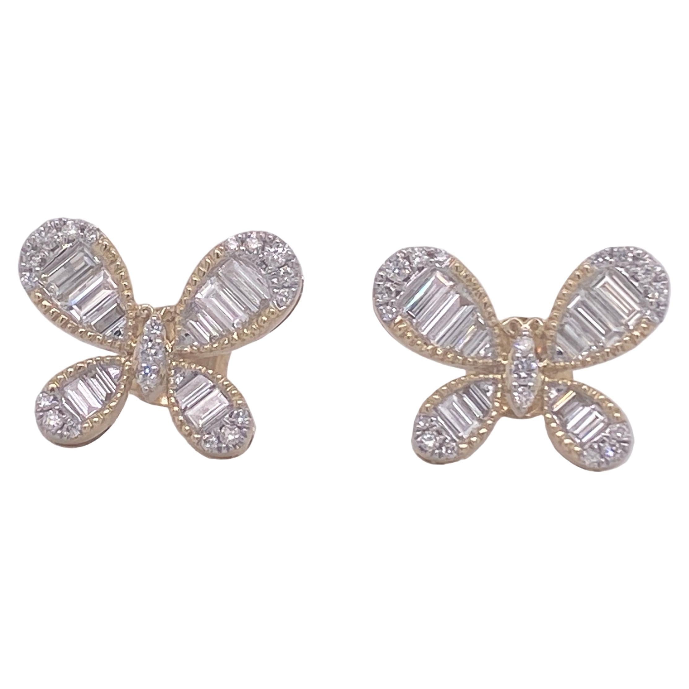 Butterfly Baguettes diagonales Clous d
oreilles diamantés Bold Flutter Sparkle 14K Yellow Gold