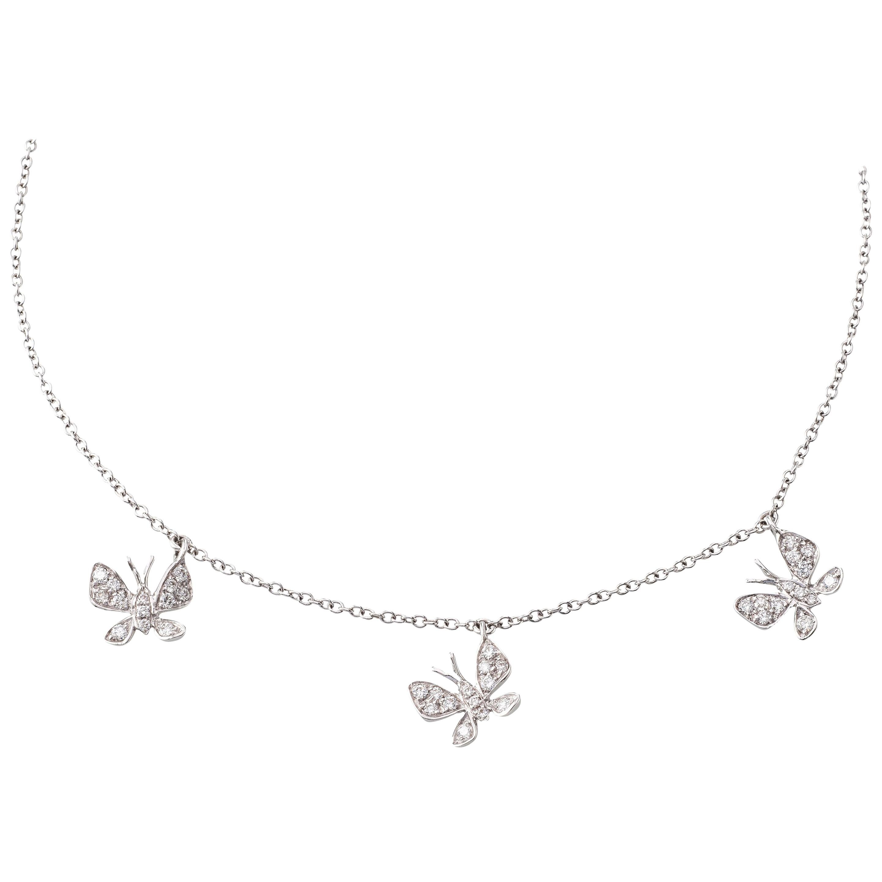 Butterfly Diamond 18 Karat White Gold Necklace For Sale