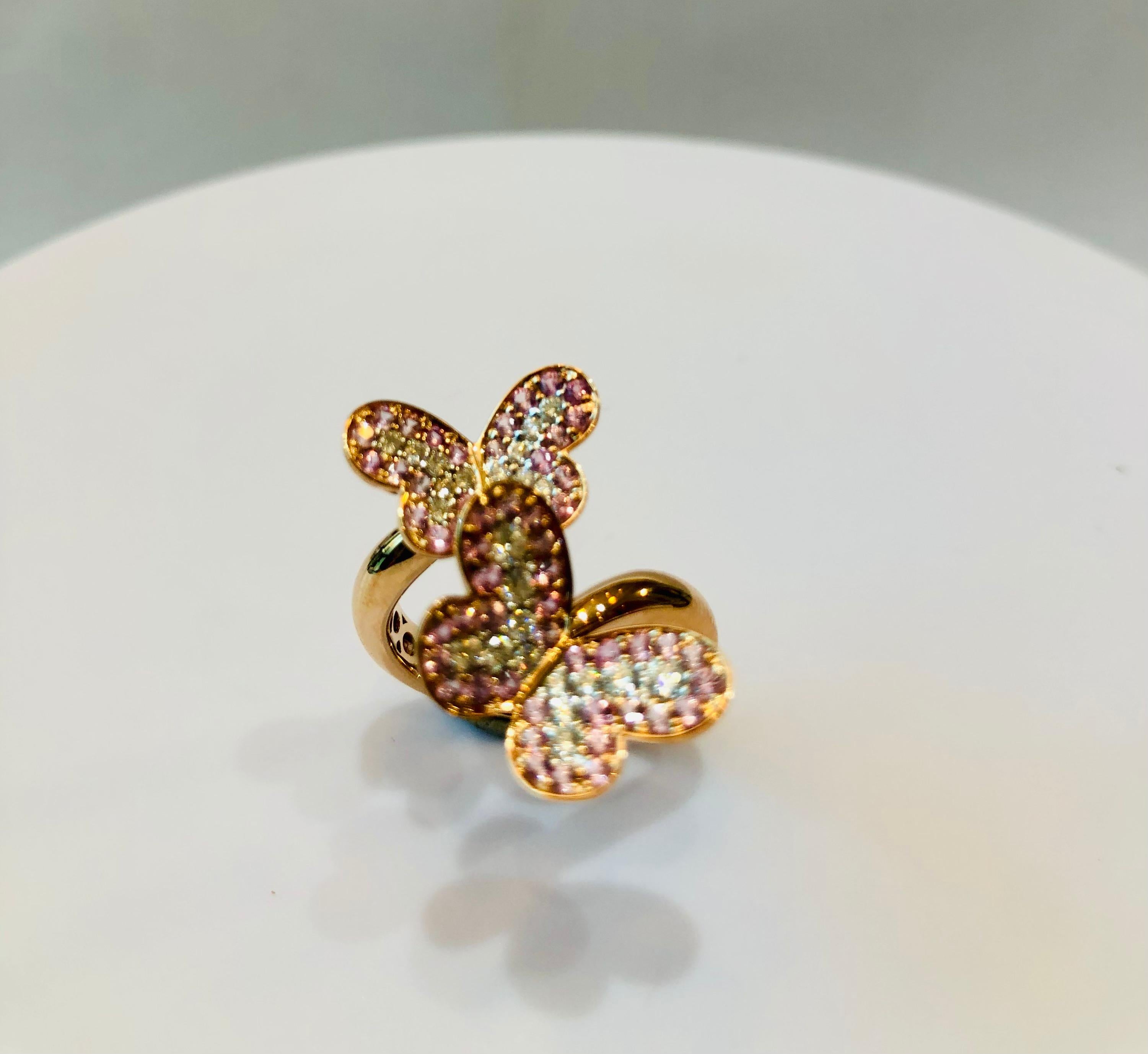 Contemporary Butterfly Diamond and Pink Saphires in 18k Yellow Gold Earrings For Sale
