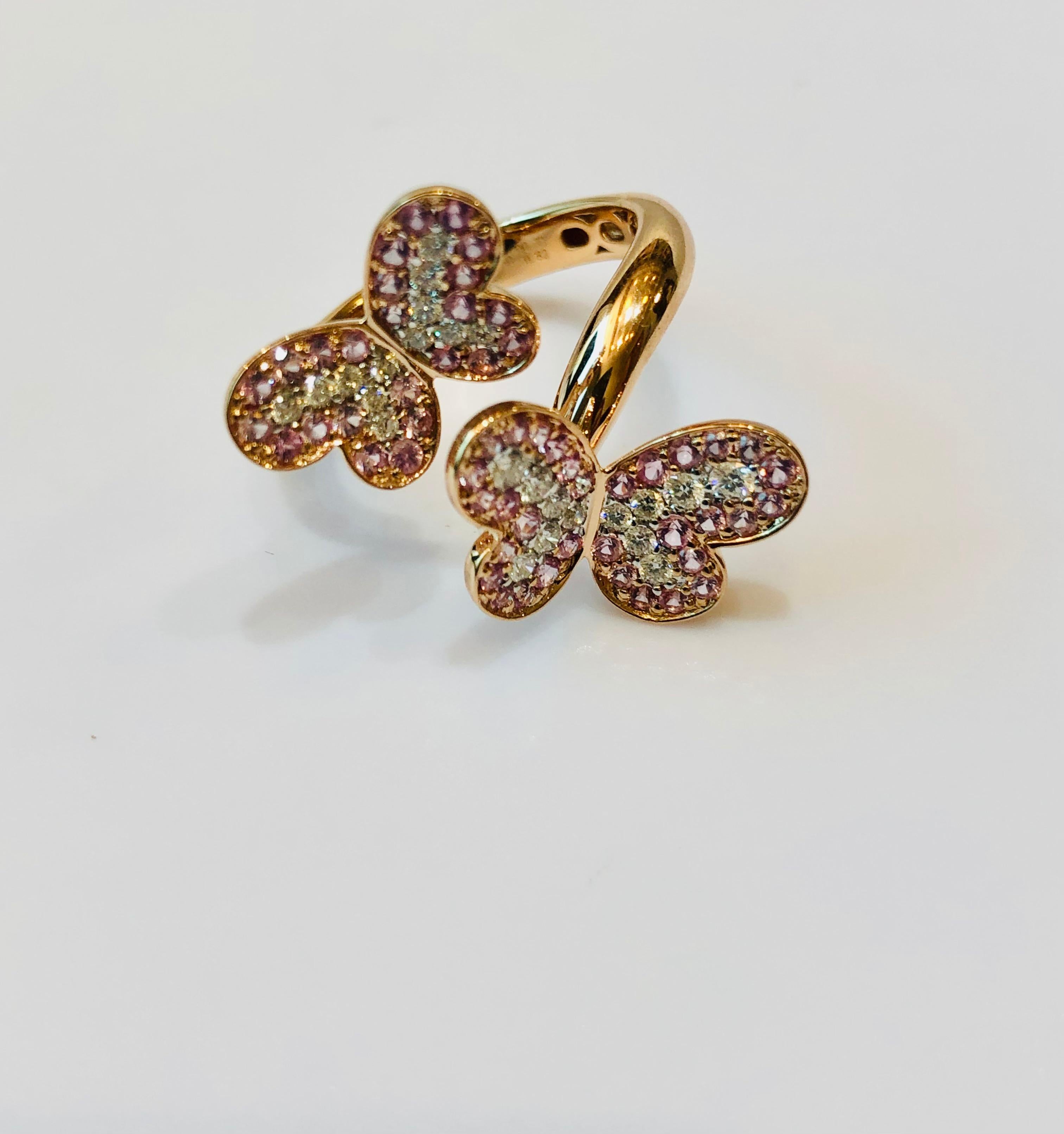 Boucles d'oreilles papillon en or jaune 18 carats, diamants et saphirs roses Pour femmes en vente