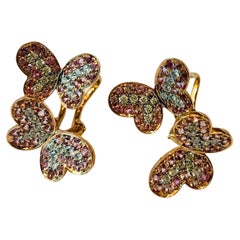 Boucles d'oreilles papillon en or jaune 18 carats, diamants et saphirs roses