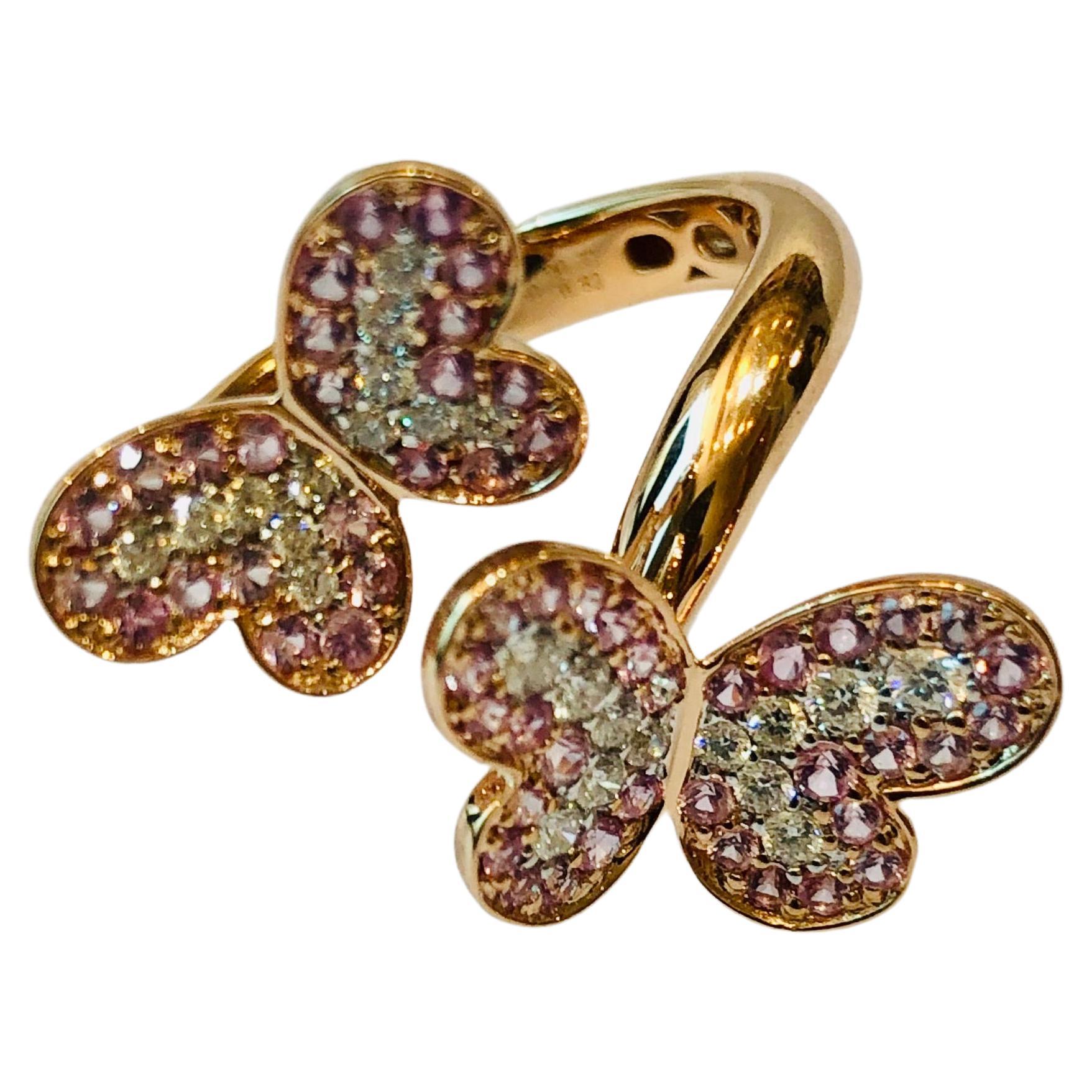 Butterfly Diamond and Pink Saphires in 18k Yellow Gold Ring For Sale