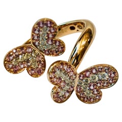 Butterfly Diamond and Pink Saphires in 18k Yellow Gold Ring