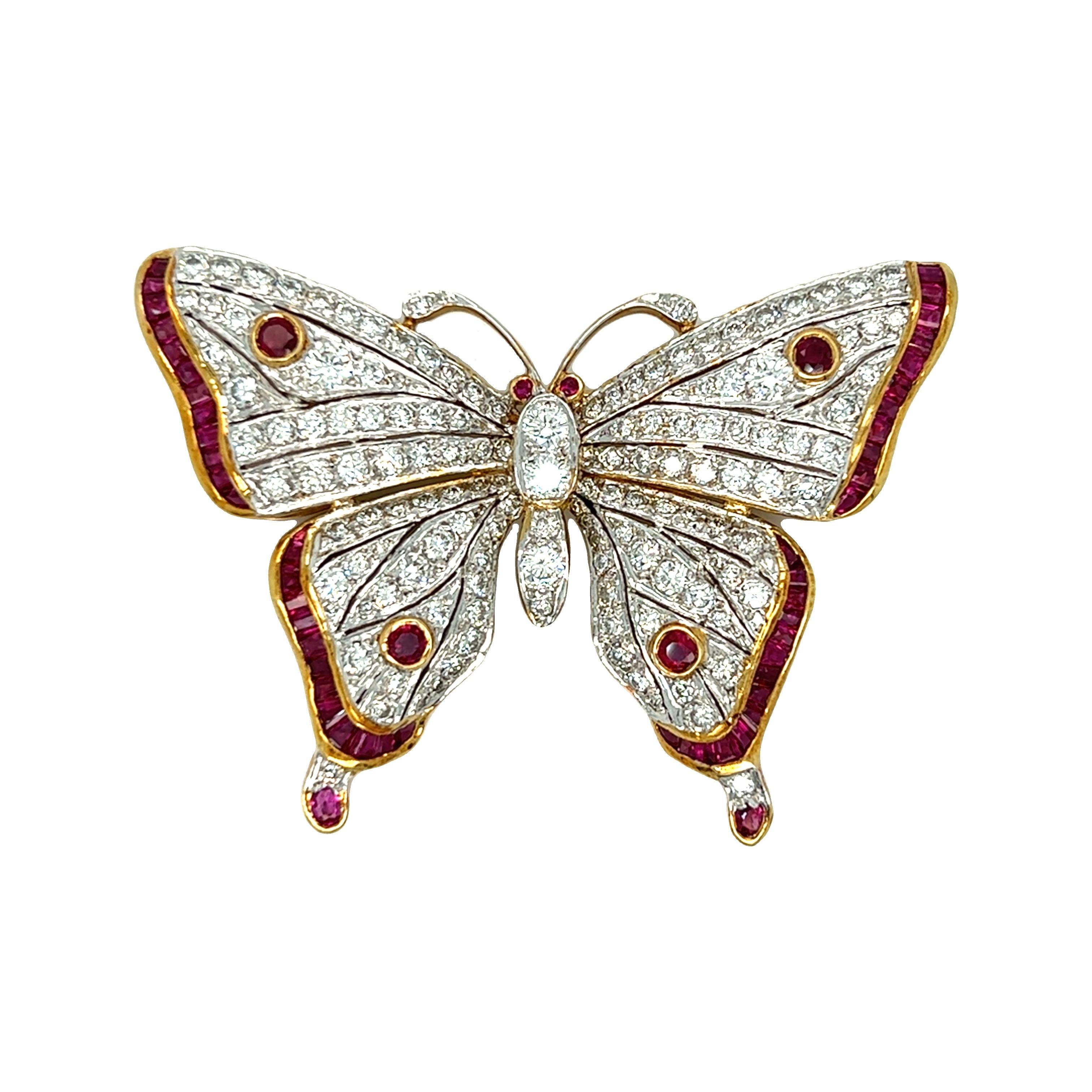 Round Cut Butterfly Diamond and Ruby Brooch For Sale