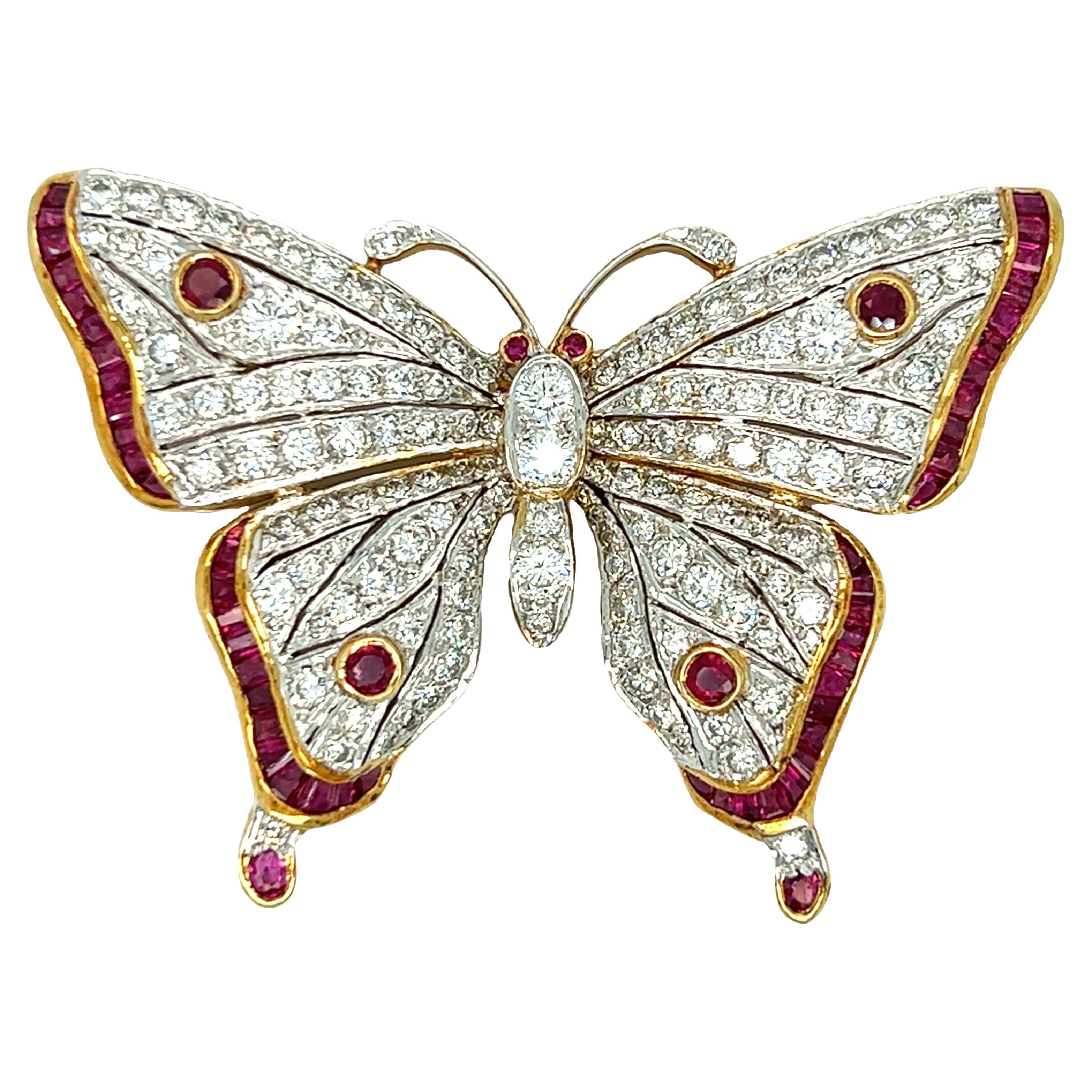 Butterfly Diamond and Ruby Brooch For Sale