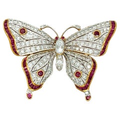 Retro Butterfly Diamond and Ruby Brooch