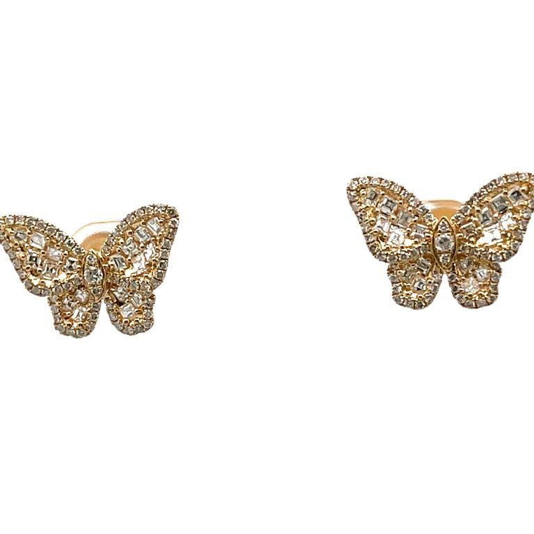 Add a touch of ethereal grace and freedom to your jewelry collection with our Butterfly Flutter Stud Earrings. Made of 18K yellow gold, these delicate and whimsical studs feature round, baguettes of white diamonds totaling 1.75 carats. These