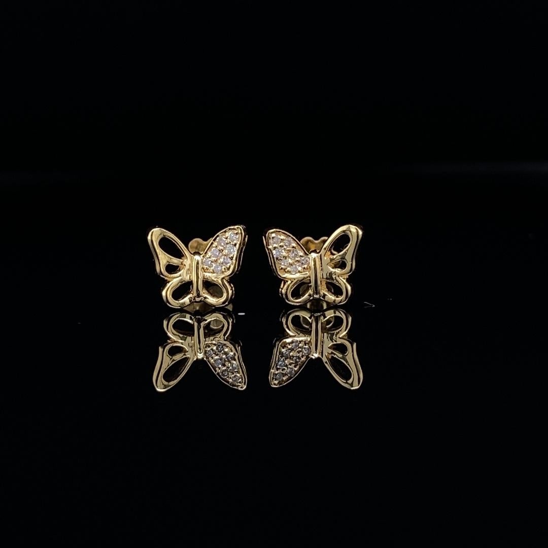 Round Cut Butterfly Diamond Earrings for Girls (Kids/Toddlers) in 18K Solid Gold For Sale