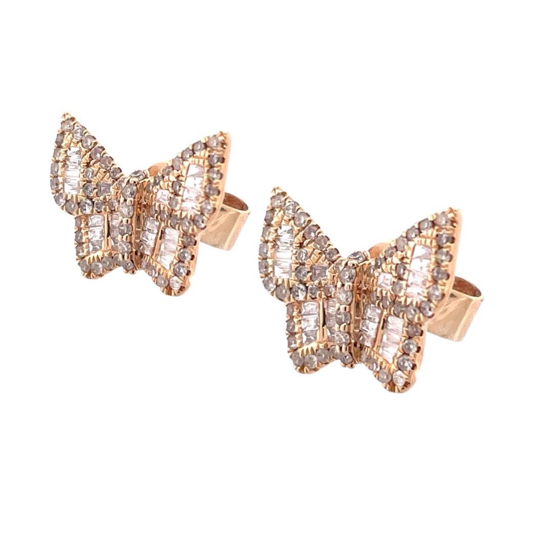 Mixed Cut Butterfly Diamond Earrings in 14k Yellow Gold For Sale