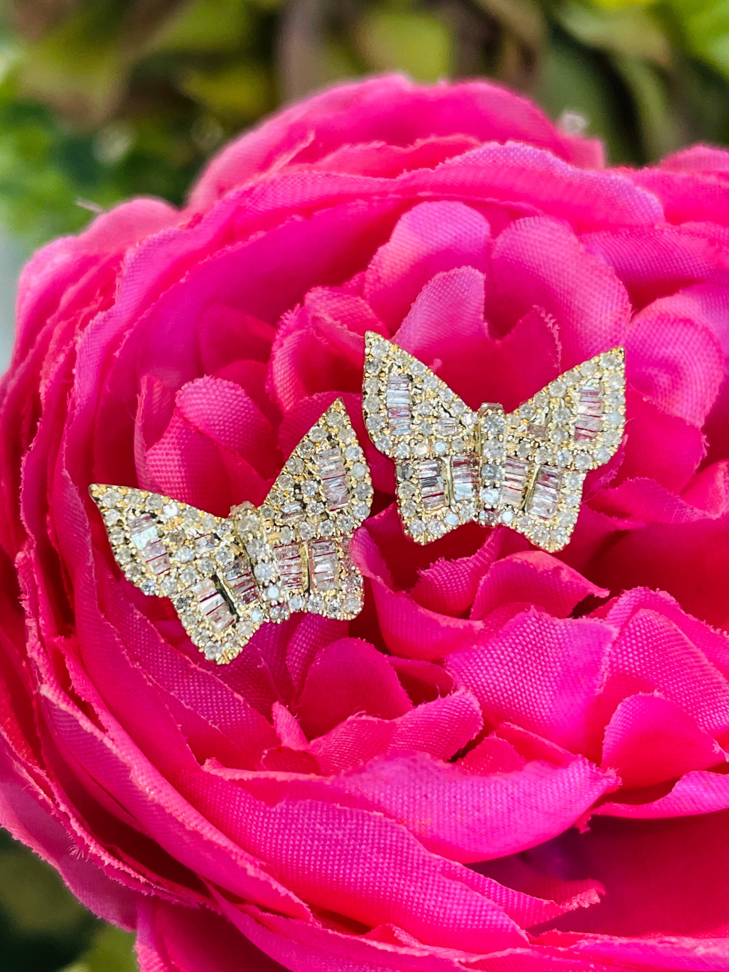 Women's or Men's Butterfly Diamond Earrings in 14k Yellow Gold For Sale