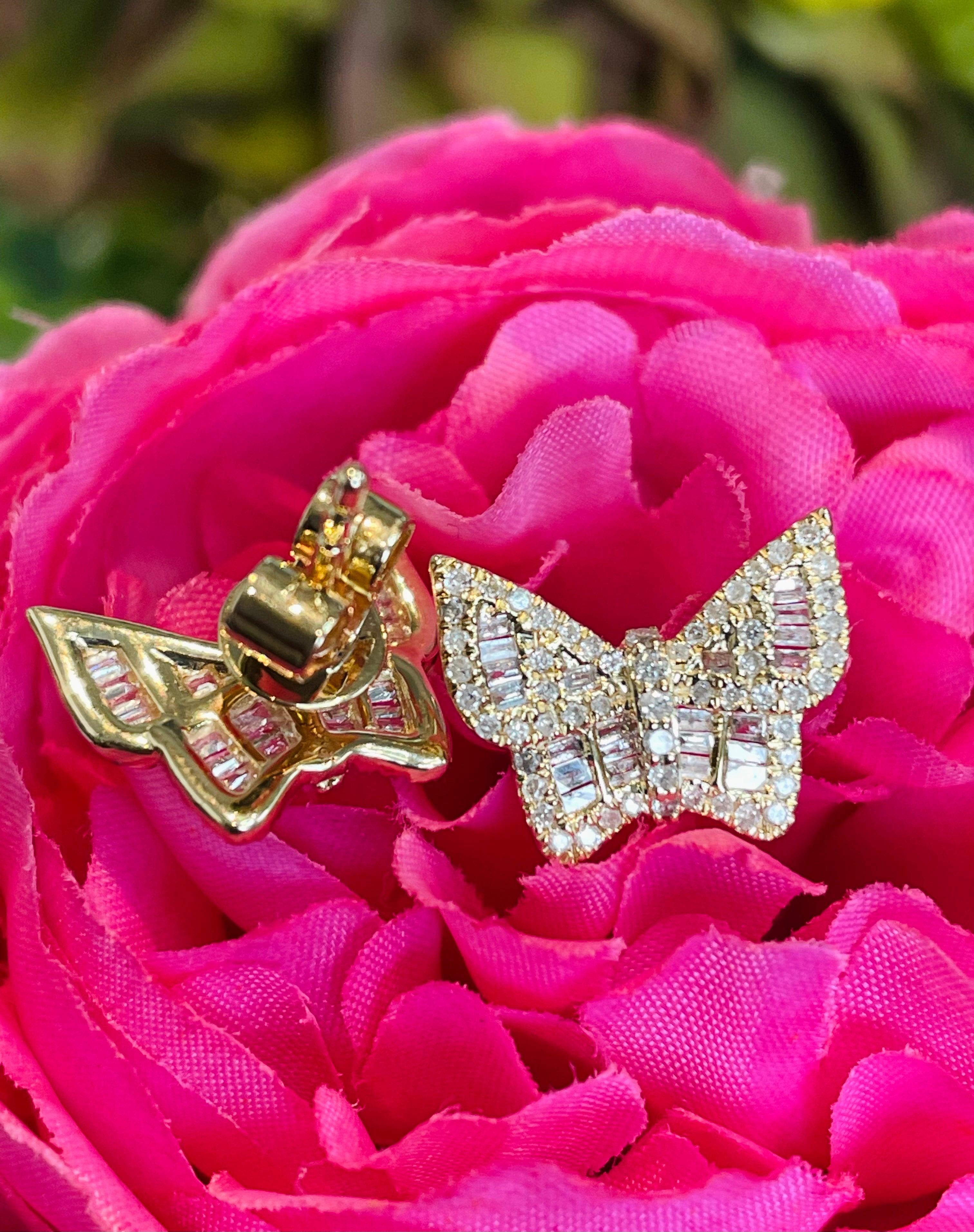 Butterfly Diamond Earrings in 14k Yellow Gold For Sale 1