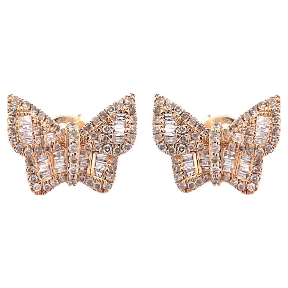 Butterfly Diamond Earrings in 14k Yellow Gold For Sale