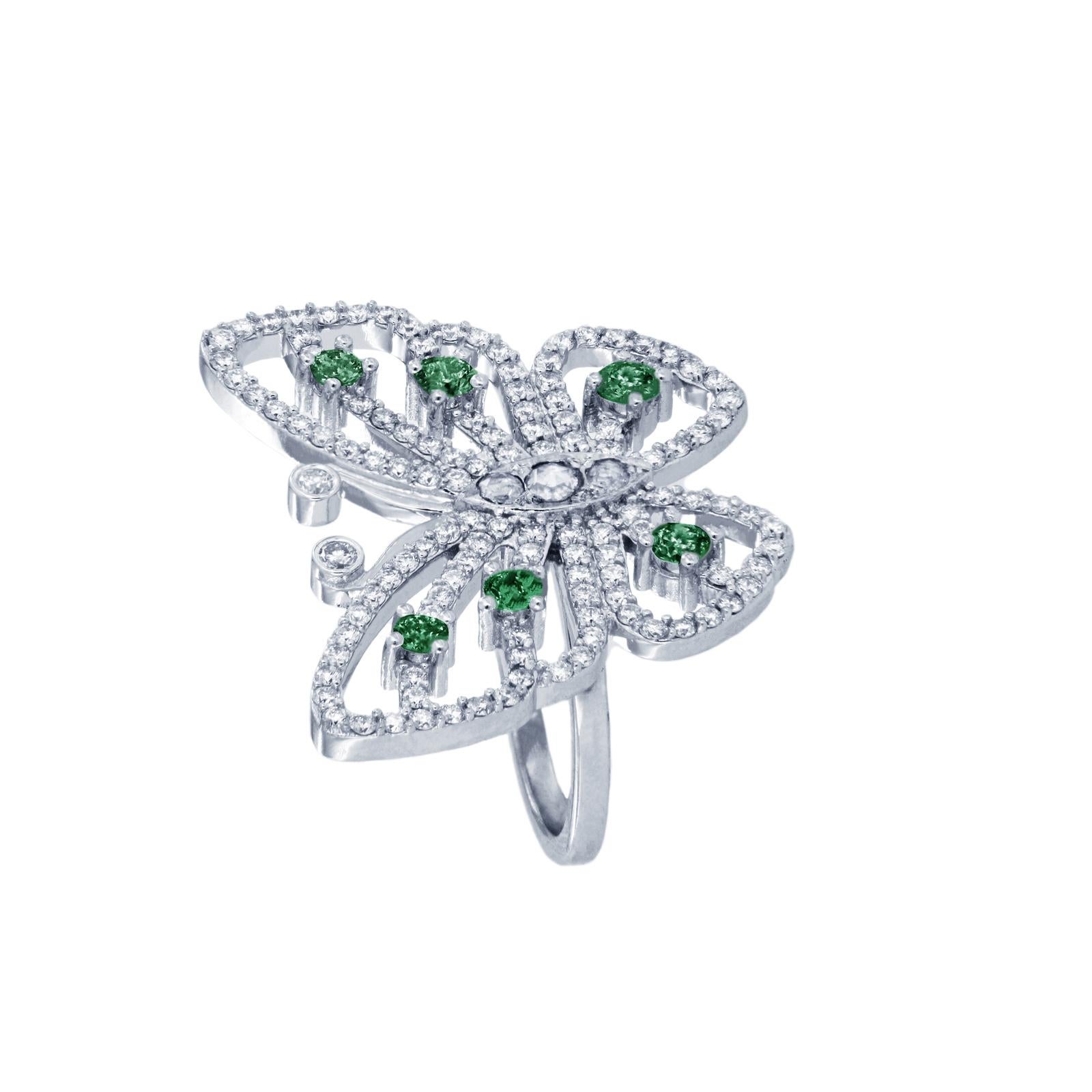 BUTTERFLY DIAMOND EMERALD 14K WHITE GOLD RING 

Custom made
14k White Gold
Butterlfy dimension: 0.9x1”
Ring size: 8
Weight: 9gr
Diamond: 1.2ct, VS clarity, G color
Emerald: 0.6ct
*Available in any size, please inquire.

Original Retail: $5,900