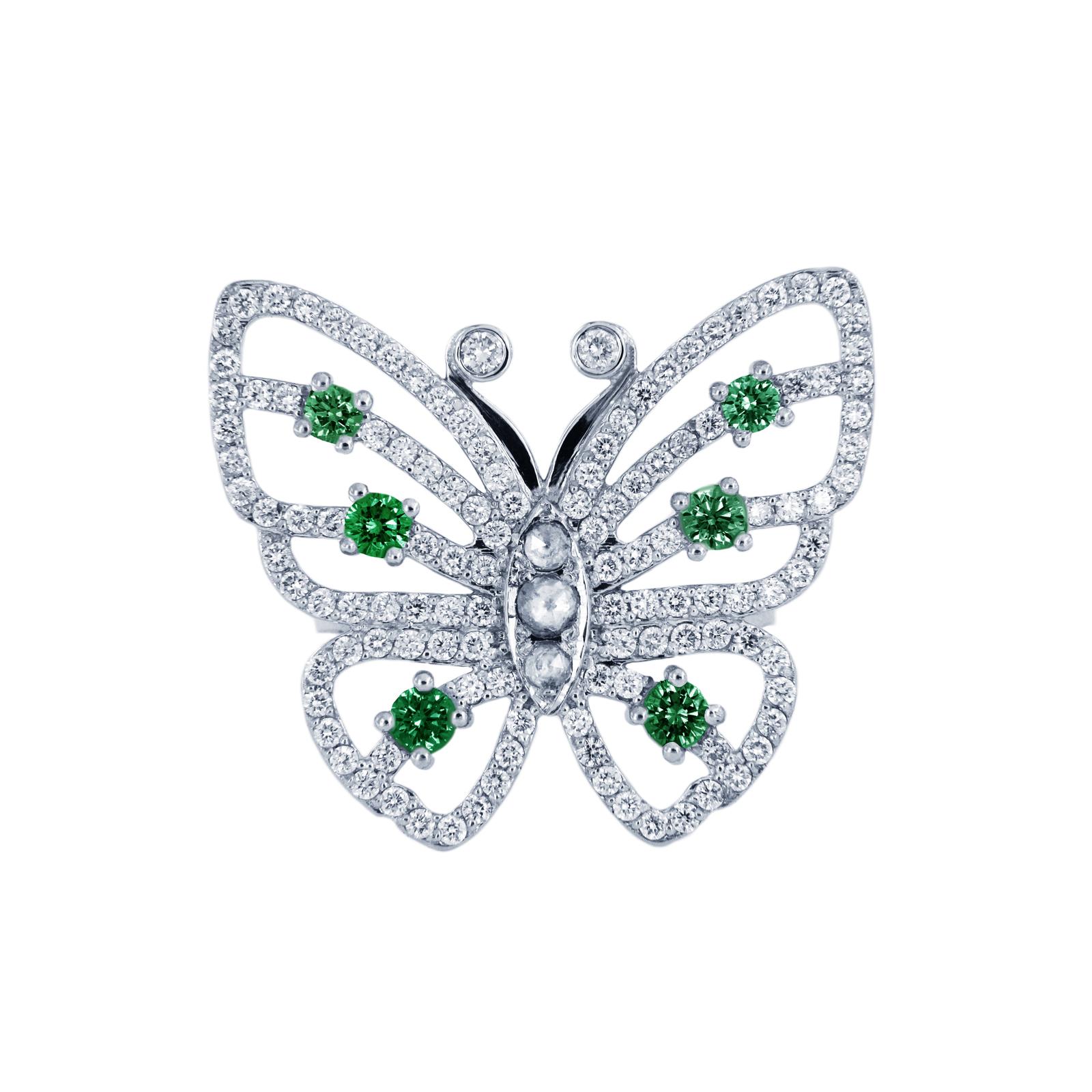 Ring aus 14 Karat Weißgold mit Schmetterling-Diamant und Smaragd im Zustand „Neu“ im Angebot in New York, NY