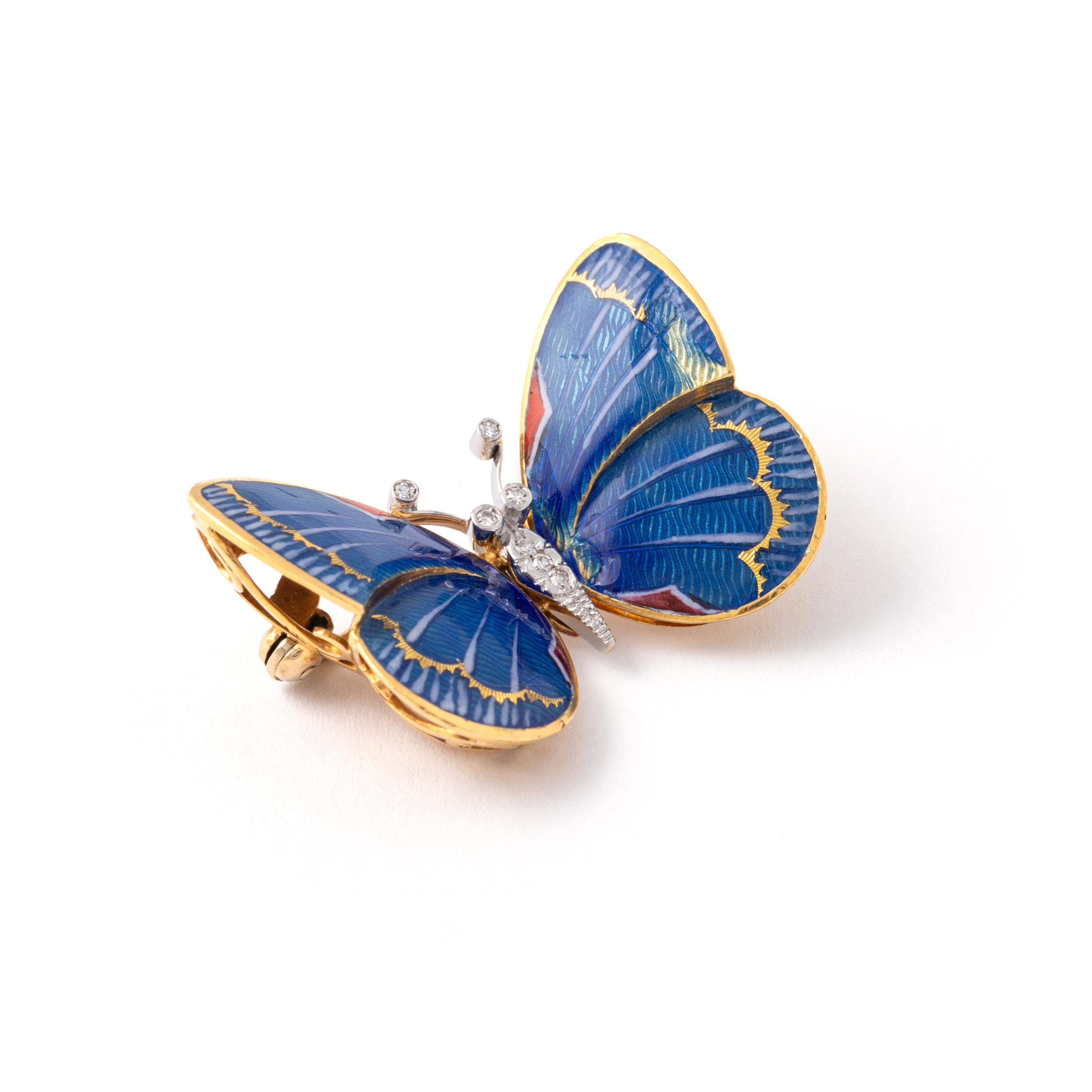 Butterfly Diamond Enamel Gold 18K Pendant convertible Brooch.
Wings are movable.

Total length: approx. 1.40 centimeters / 0.55 inch.
Total width: approx. 3.20 centimeters / 1.26 inches.