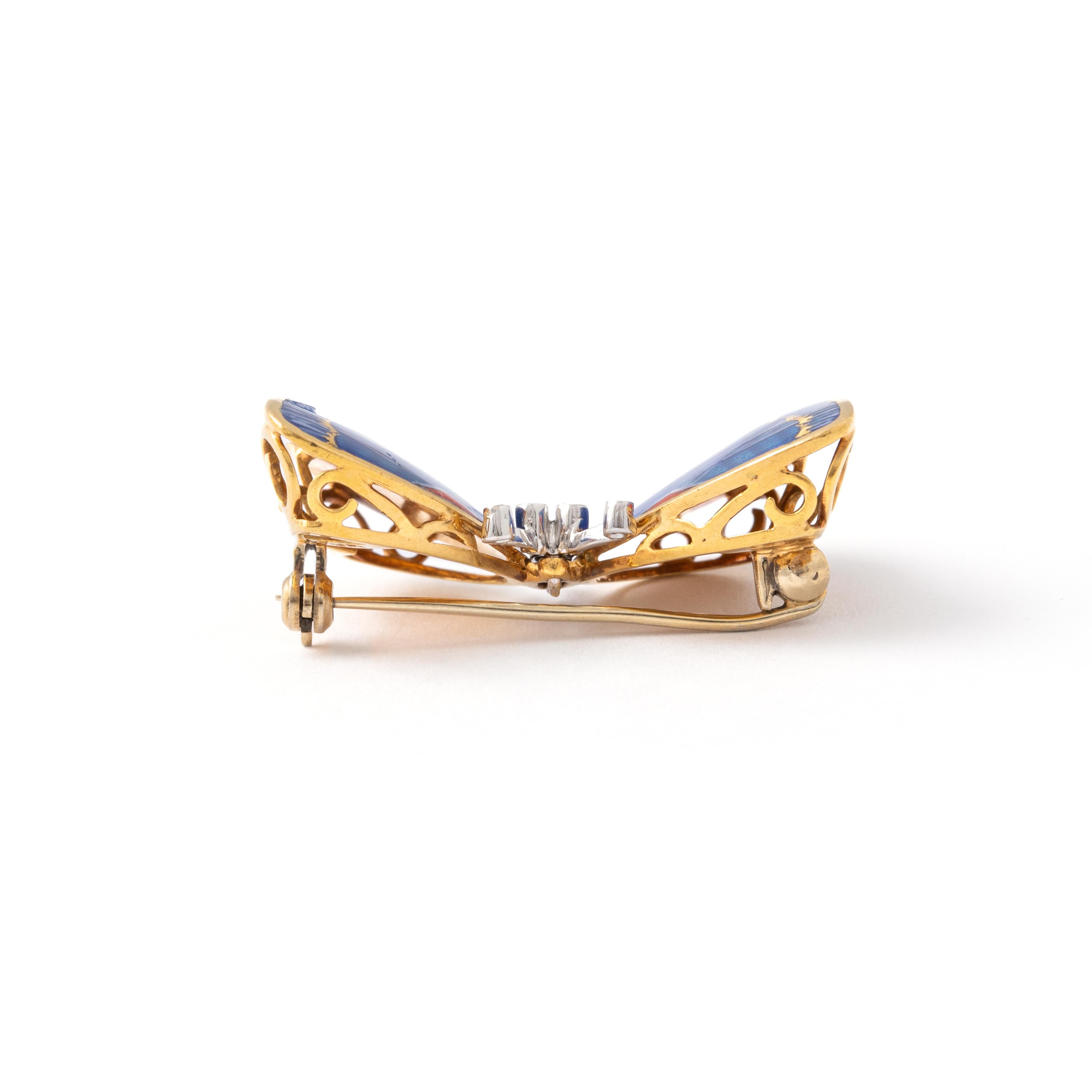 Aesthetic Movement Butterfly Diamond Enamel Gold 18K Pendant convertible Brooch For Sale