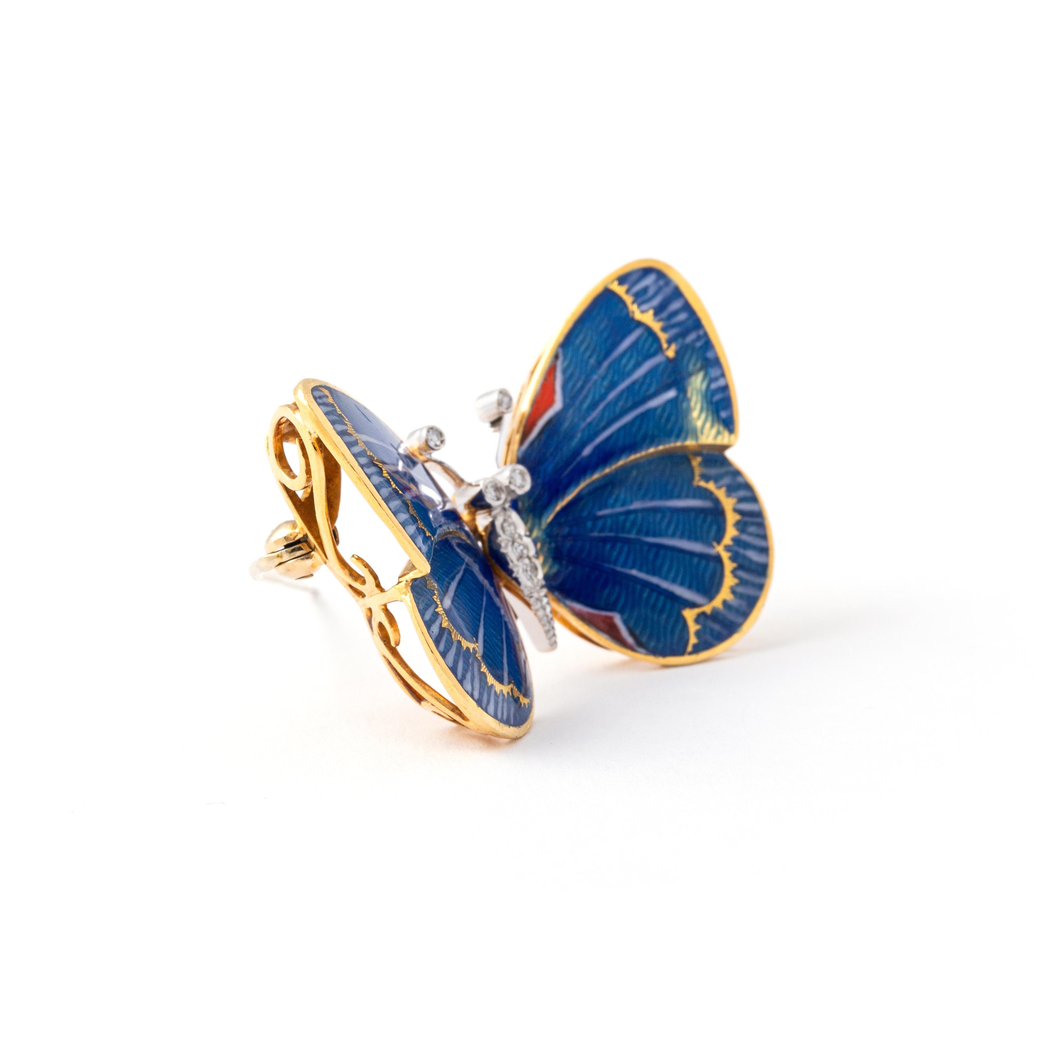 Butterfly Diamond Enamel Gold 18K Pendant convertible Brooch In Fair Condition For Sale In Geneva, CH