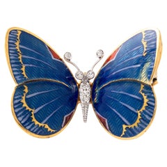 Vintage Butterfly Diamond Enamel Gold 18K Pendant convertible Brooch