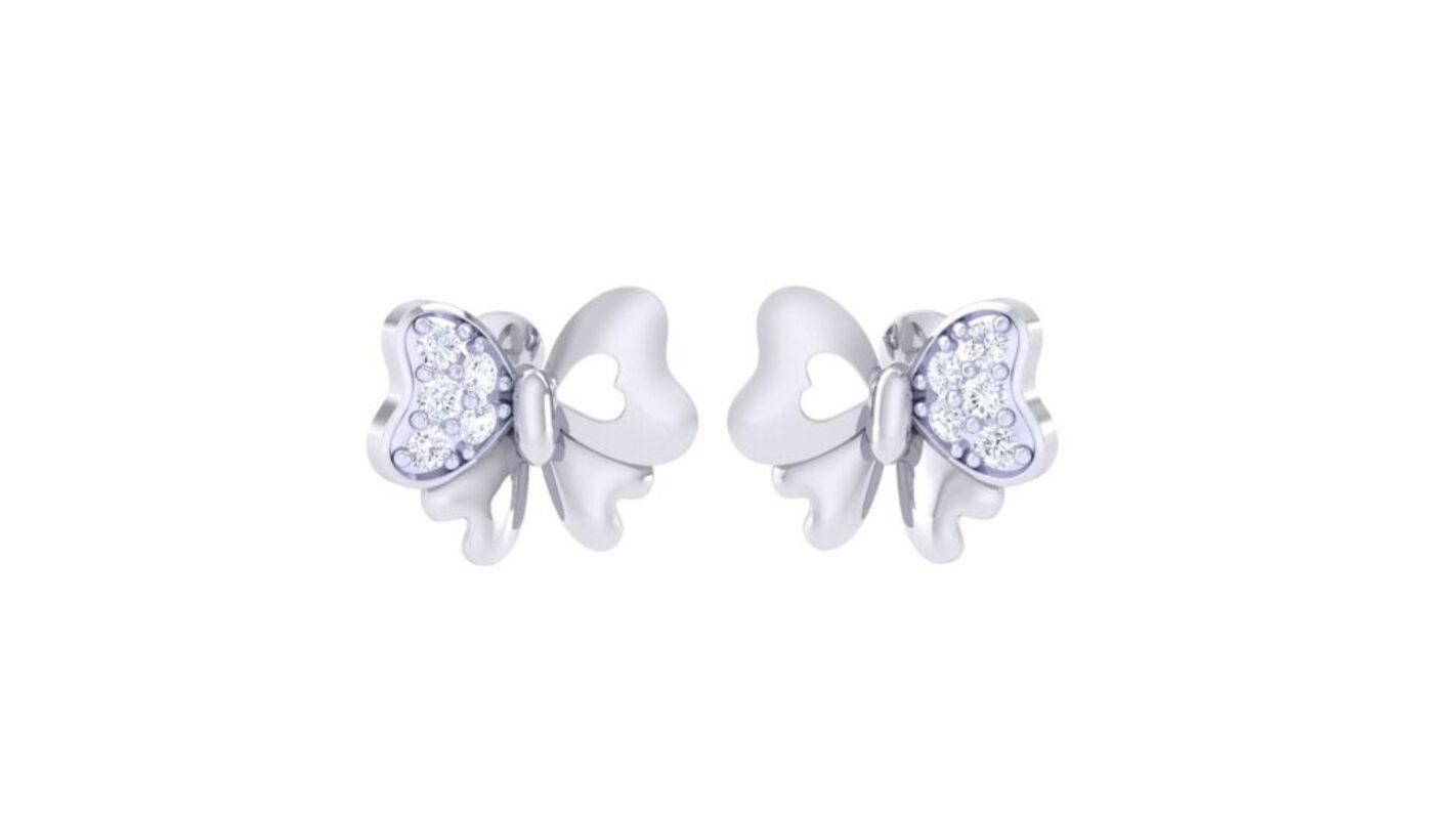 Modern Butterfly Diamond Kids Earrings, 18k White Gold For Sale